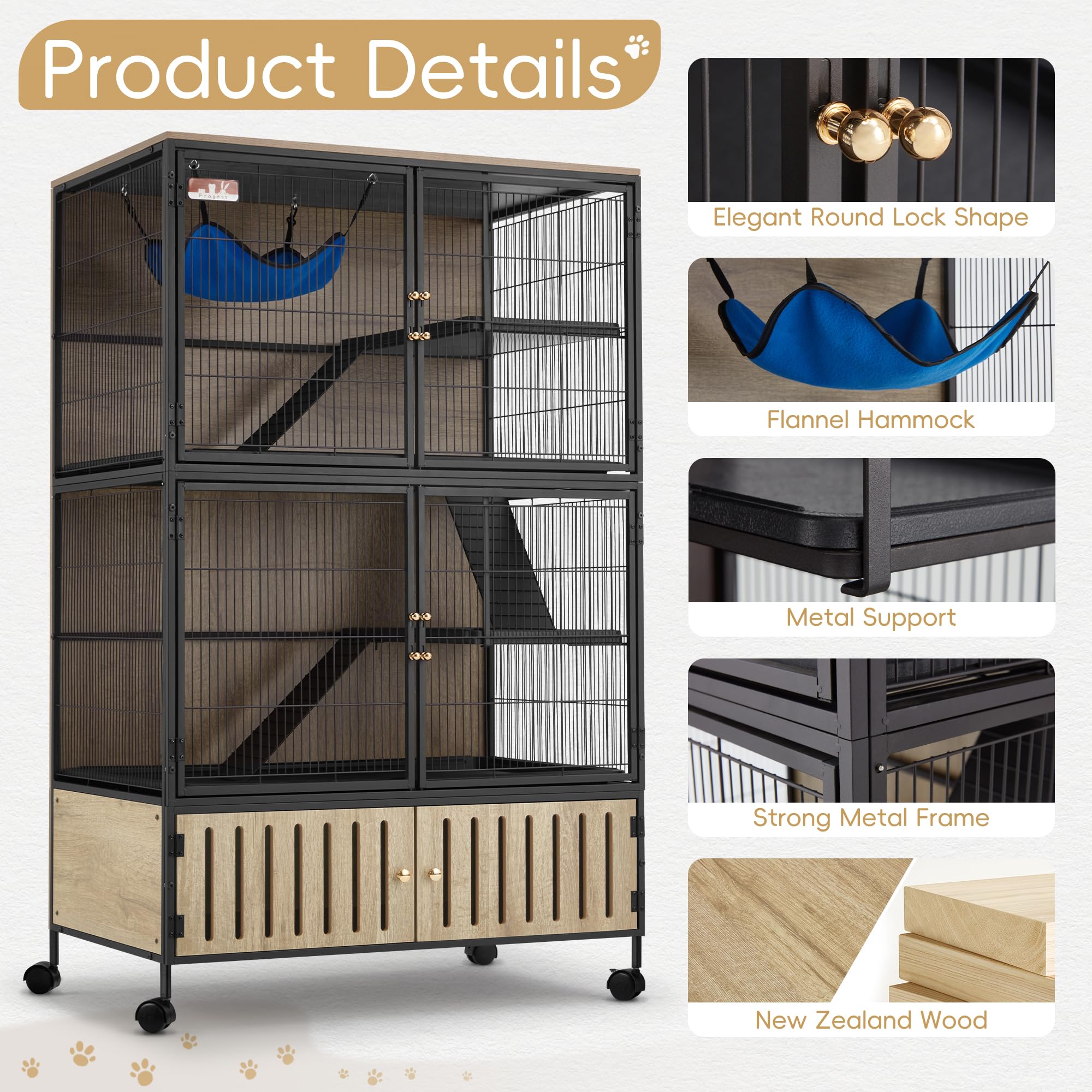 Fragess Metal Large Guinea Pig Cages 5 Levels, 60'' H Rolling Ferret Cage With Removable Ramps & Double Door, Critter Nation Cag
