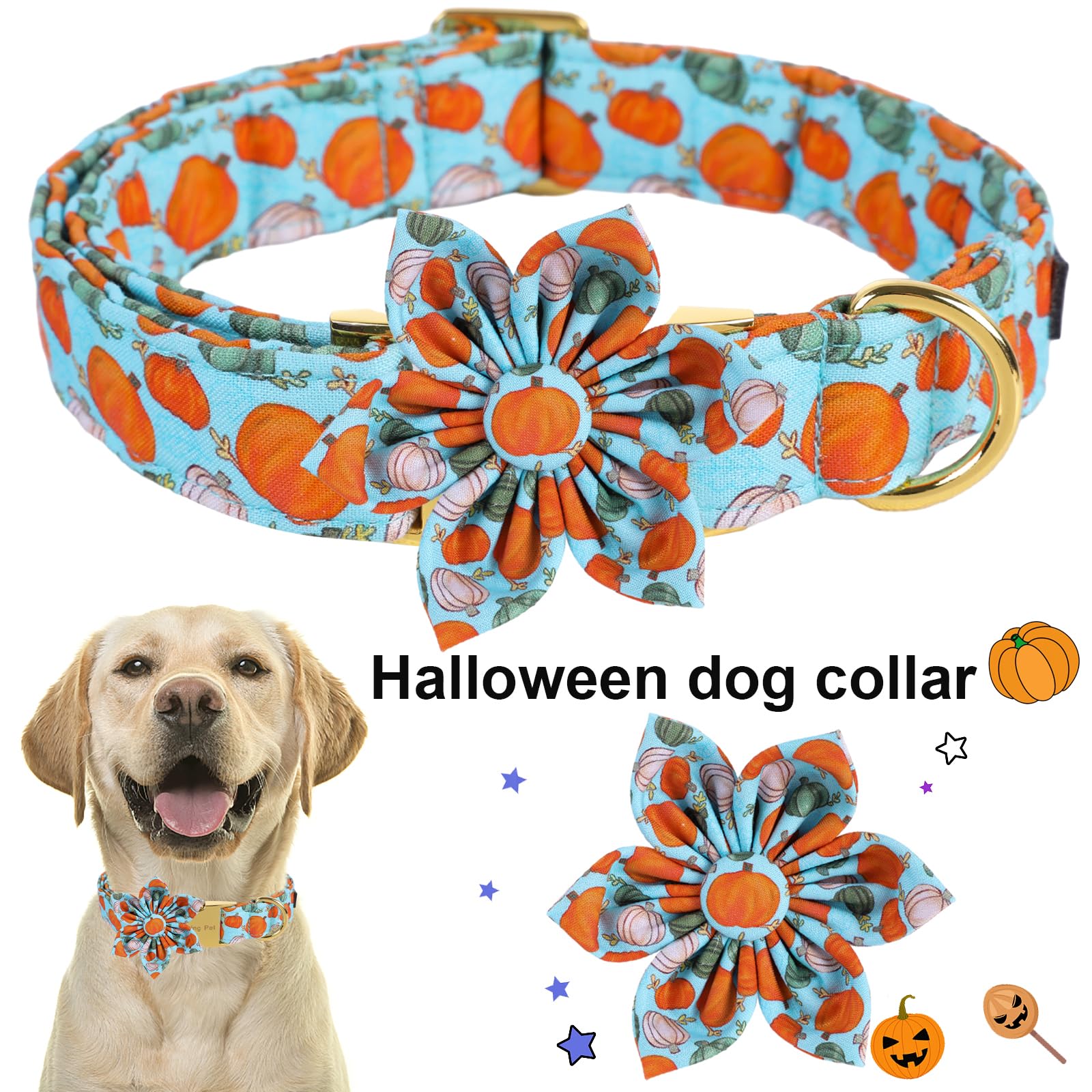 Aring Pet Halloween Dog Collar Cotton Pumpkin Dog Collar With Flower, Adjustable Blue Pumpkin Pet Collars Girl Puppy Collars With Metal Buckle