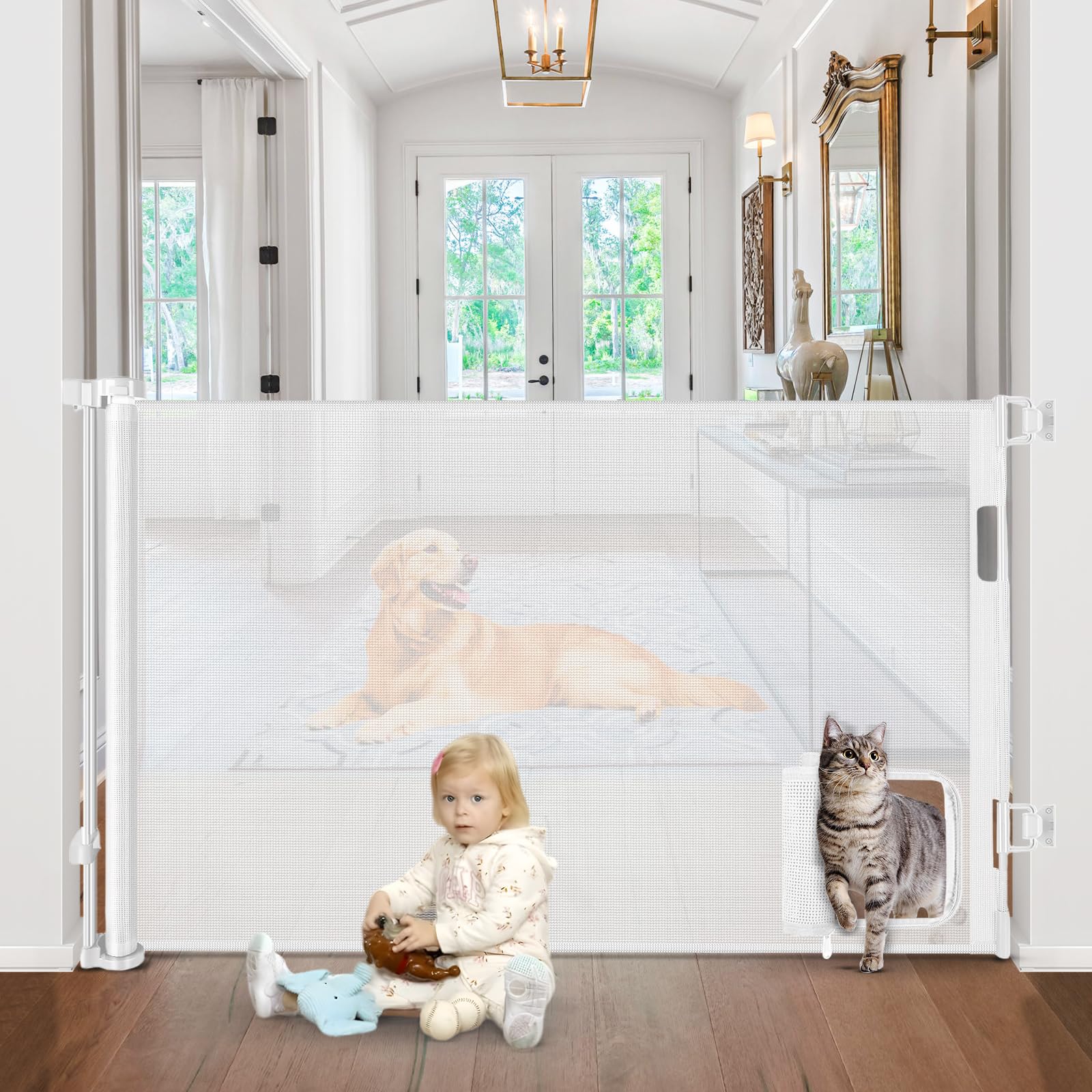 Retractable Baby Gates with Cat Door 80 Wide Retractable Dog Gate with Pet Door Outdoor Retractable Gate for Dogs Retractable Pe