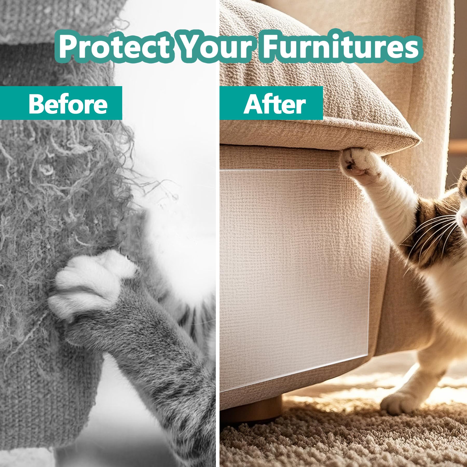 Wawiny Cat & Dog Scratch Protector 8-Pack (12''X16''/30X40Cm) - Clear Self-Adhesive Furniture Tape, Cut To Fit, No Residue Remov