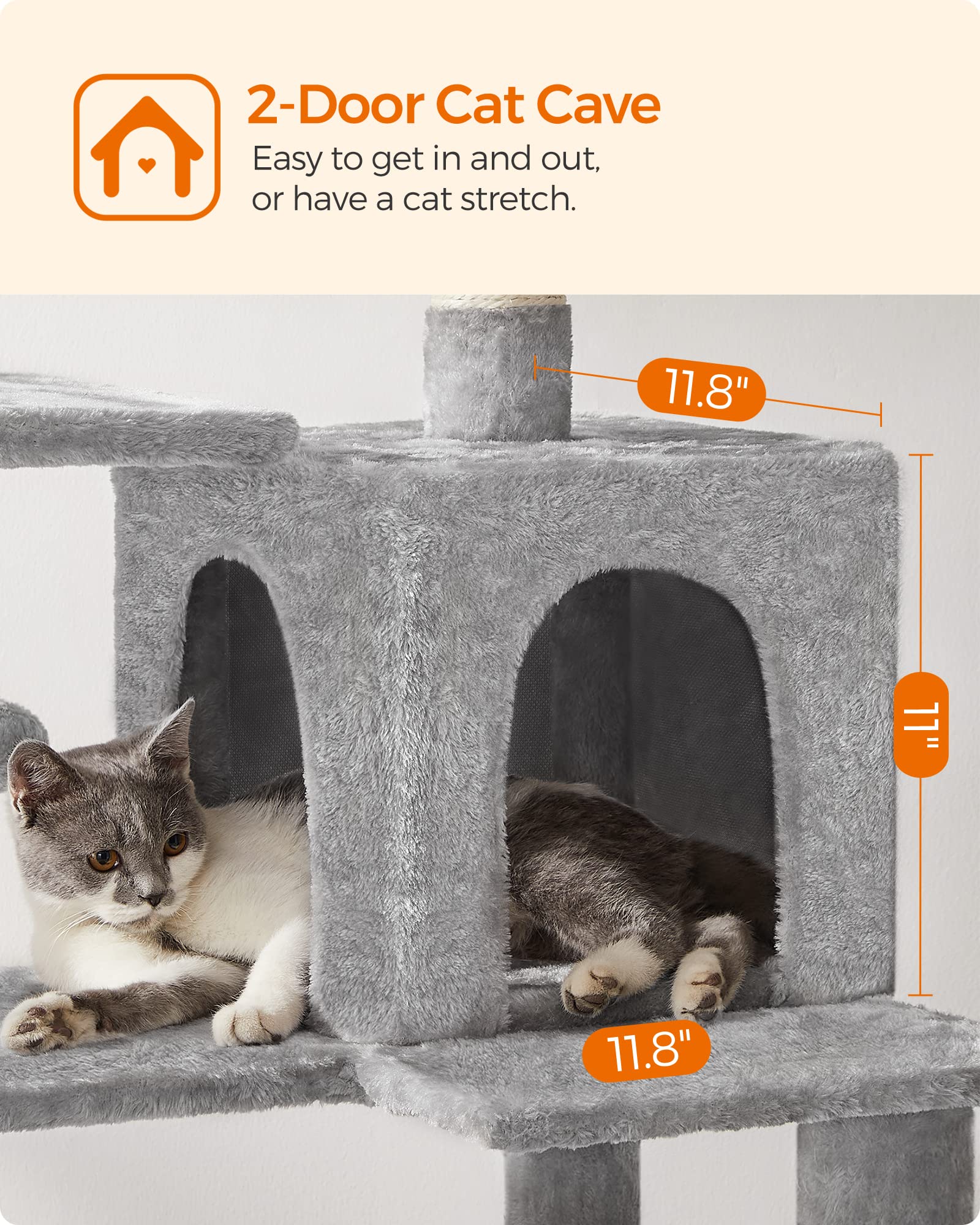 Feandrea Cat Tree, 56.3-Inch Cat Tower For Indoor Cats, Multi-Level Cat Condo With 4 Scratching Posts, 2 Perches, Hammock, Cave, Light Gray Upct161W01