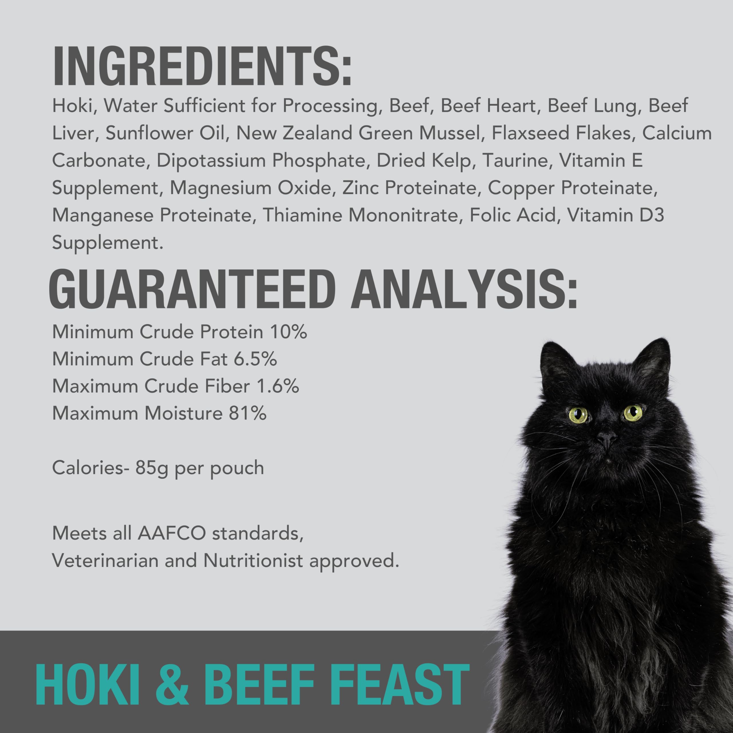 Feline Natural Wet Cat Food Pate, Hoki & Beef Feast, 3 Oz Single Serve Pouch (Pack of 12), Grain Free, Made in New Zealand with