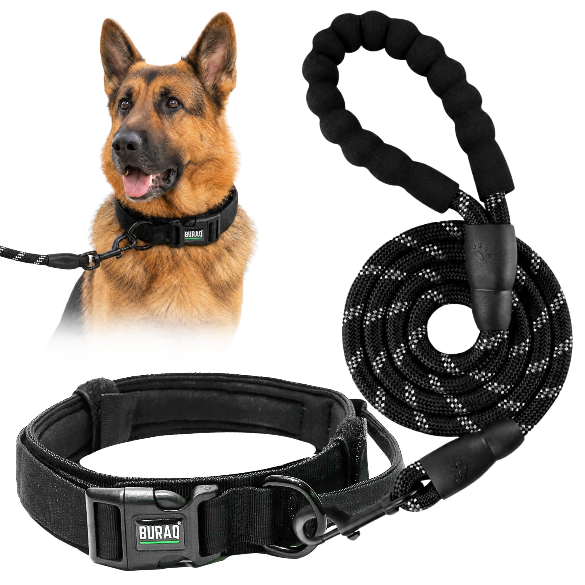 Buraq Tactical Dog Collar With Reflective Dog Leash Combo, Heavy Duty Military Style Adjustable Collar With Handle, Soft Padded 