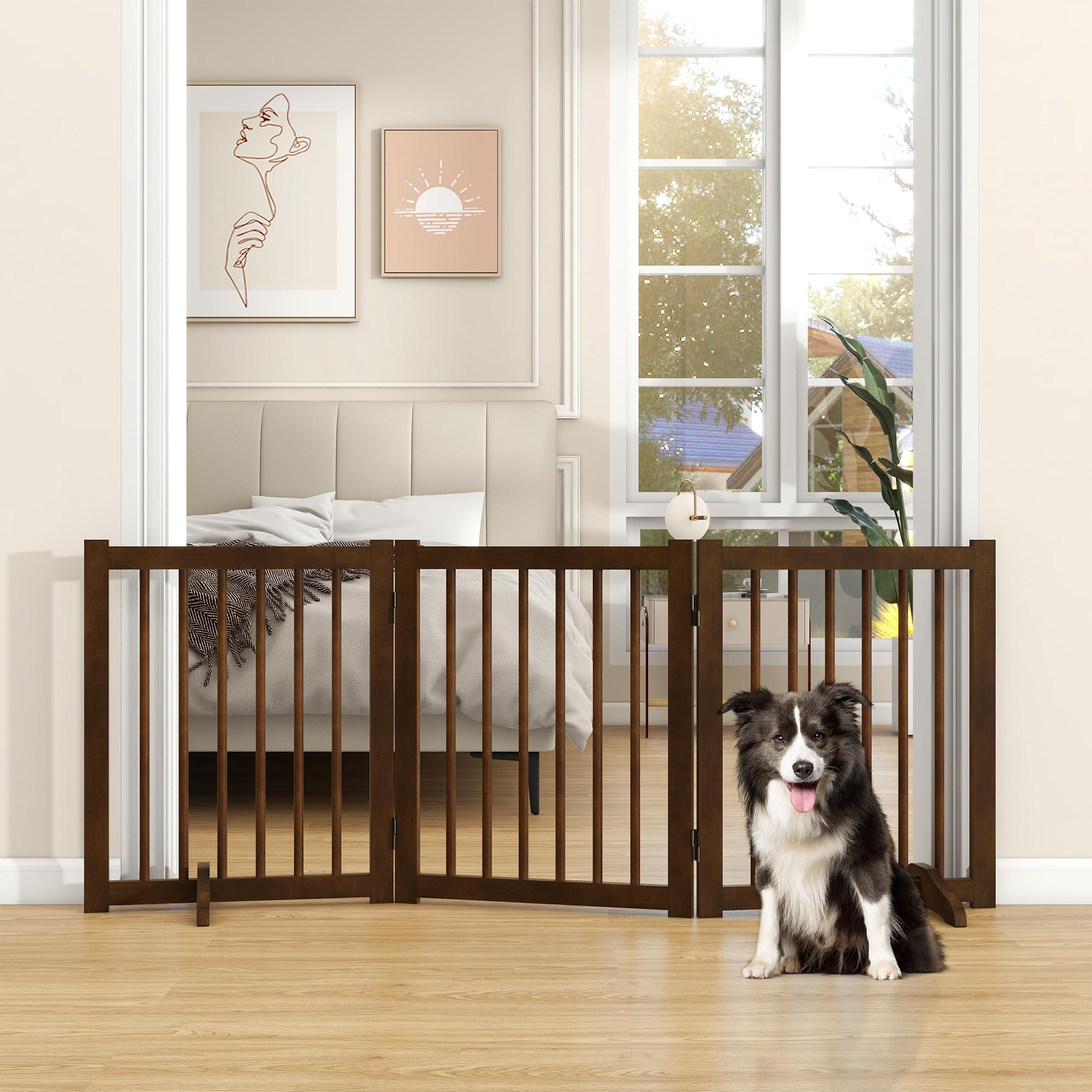 Solid Wood Freestanding Pet Gate - 3 Panels 24'' - Folding Safety Fence with 2 Support Feet - Ideal for Stairs, Doorways, Halls,