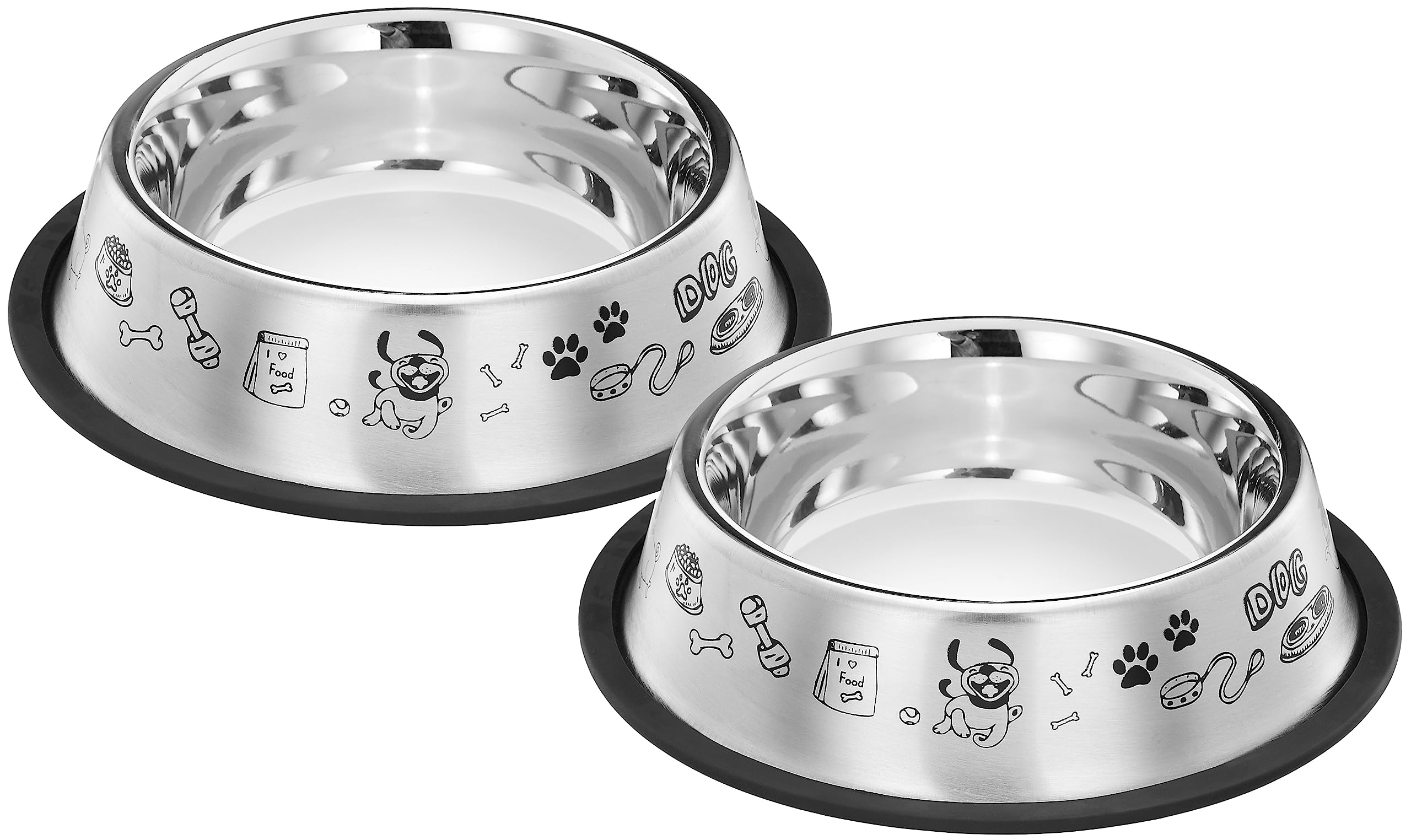 Amazon Basics Stainless Steel Printed Pet Bowl | 700 Ml X 2 | For Dogs And Cats | Dry Kibble, Wet Food, Water Bowl | NoTip, Non