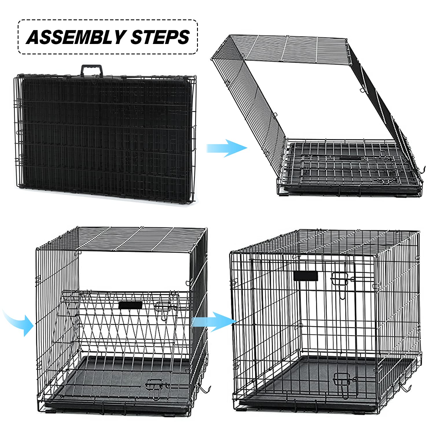 Hcy, Dog Crate, Dog Kennel 48 Inch Double Door Metal Crate Foldable Puppy Supplies Cage With Divider Panel, Handle, Plastic Tray