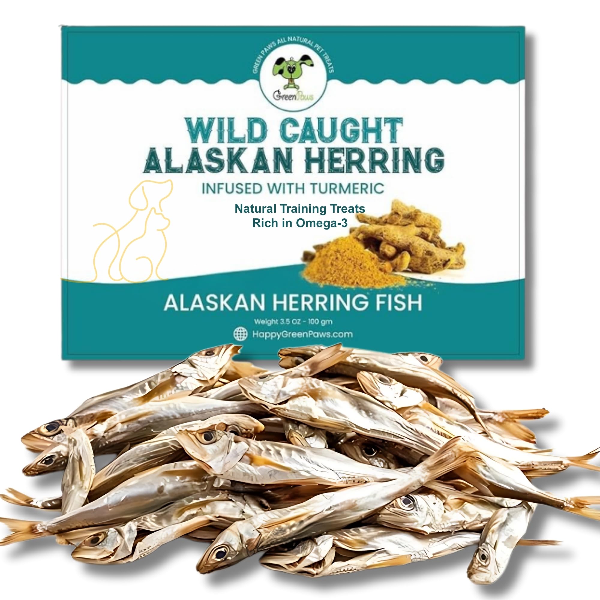 green paws Gluten Free Herring Dried Fish Pet Treats - Infused with Turmeric, Pure Wild-Caught Single Ingredient Snack, Healthy 