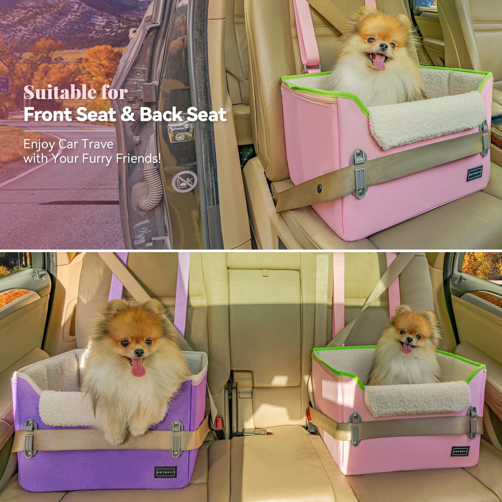 Petsfit Small Dog Car Seat, Puppy Portable Dog Booster Seat For Car With Clip-On Leash, Adjustable Straps Suitable For Small Pets Up To 25Lbs (Pink)