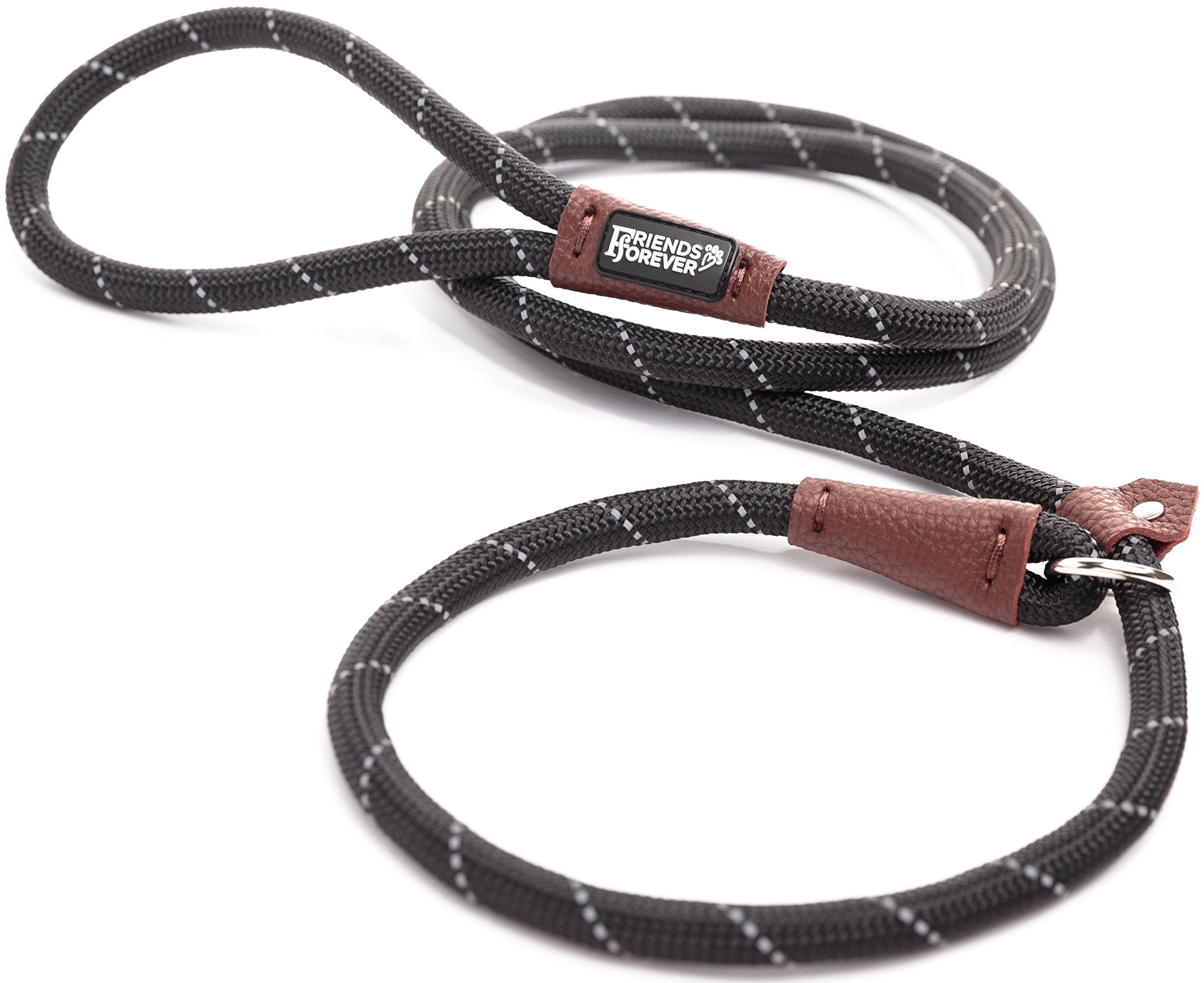 Friends Forever Dog Rope Leash - Durable, Reflective, 6ft, Black, Heavy Duty Training Slip Lead for Large, Medium, Small Pets