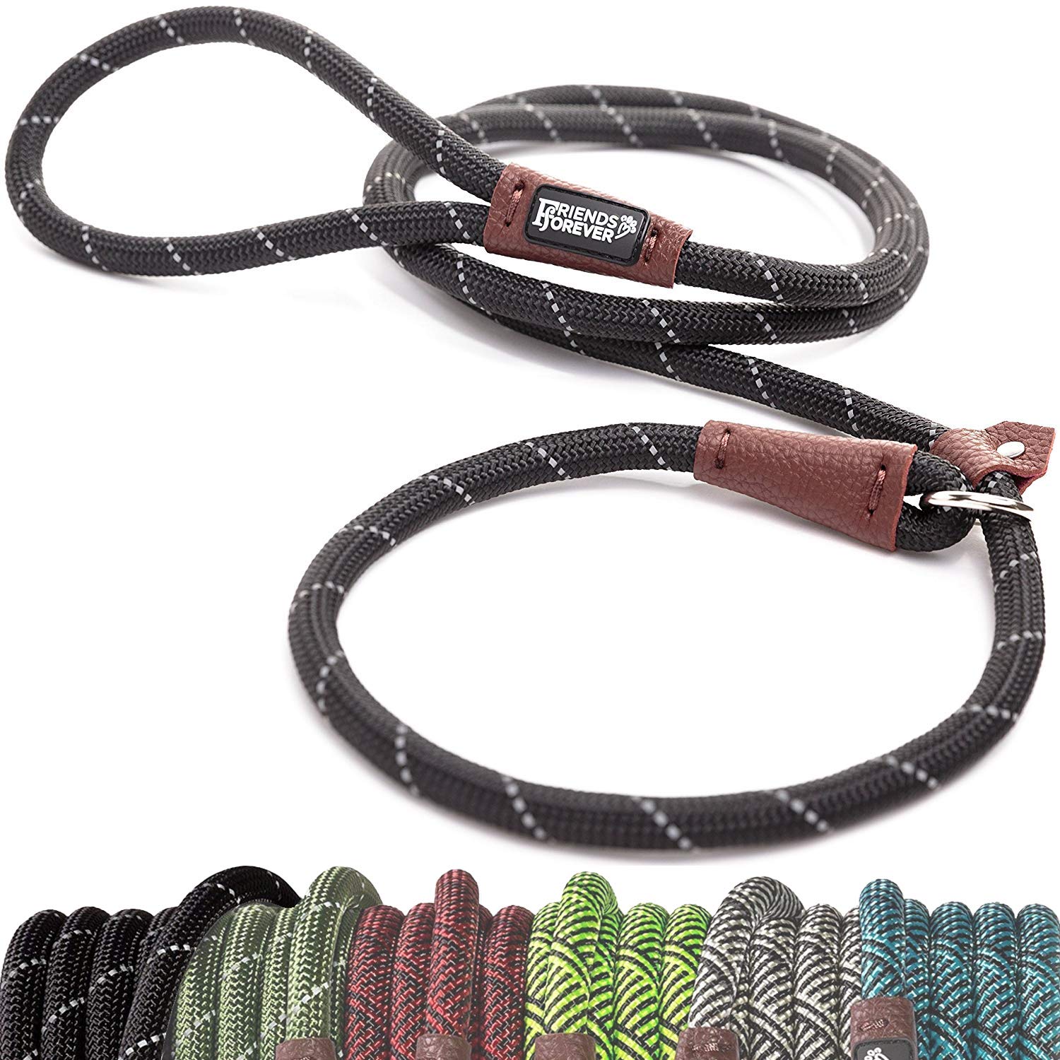 Friends Forever Dog Rope Leash - Durable, Reflective, 6ft, Black, Heavy Duty Training Slip Lead for Large, Medium, Small Pets