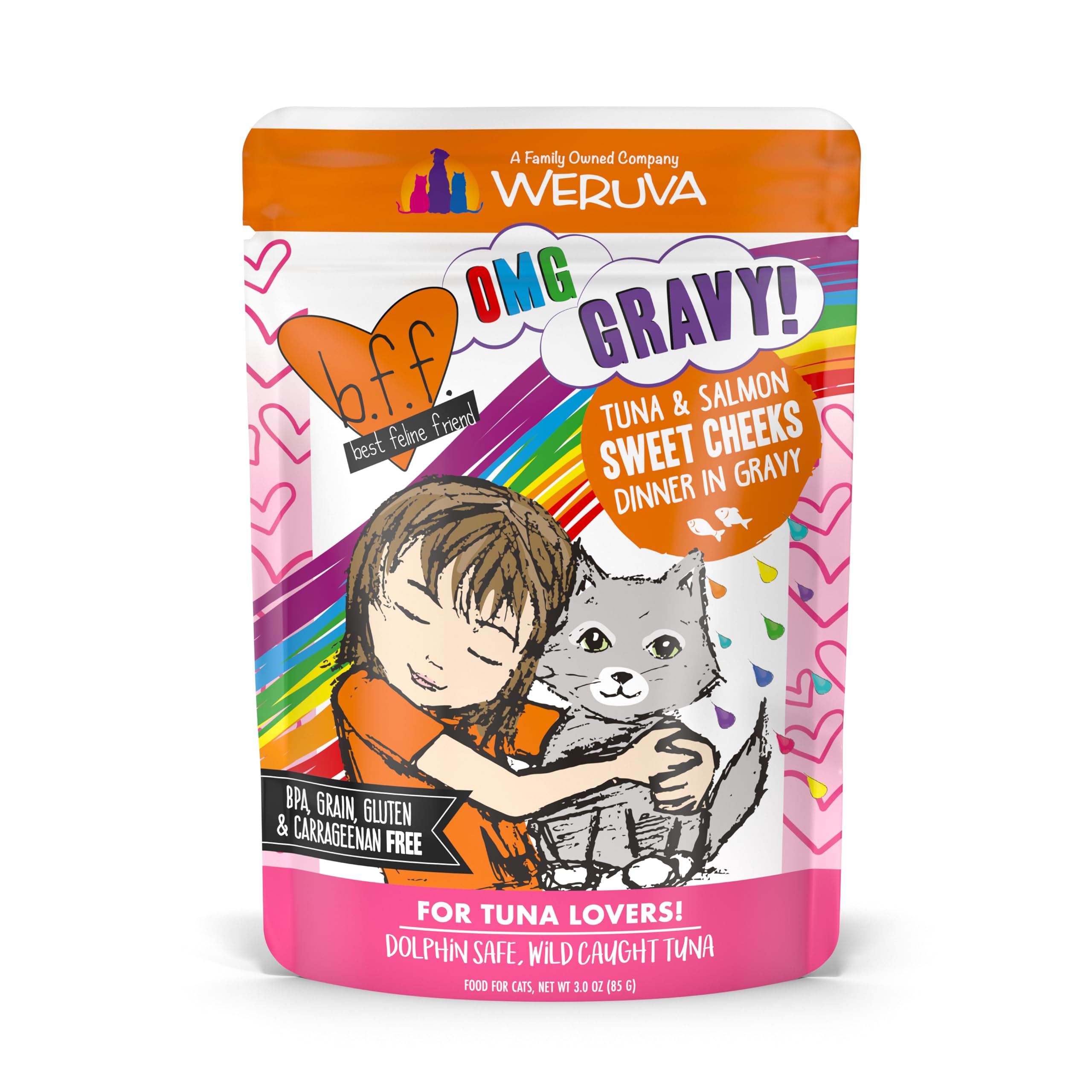 Weruva B.F.F. OMG - Best Feline Friend Oh My Gravy!, Tuna & Salmon Sweet Cheeks with Tuna & Salmon in Gravy Cat Food, 3oz Pouch 