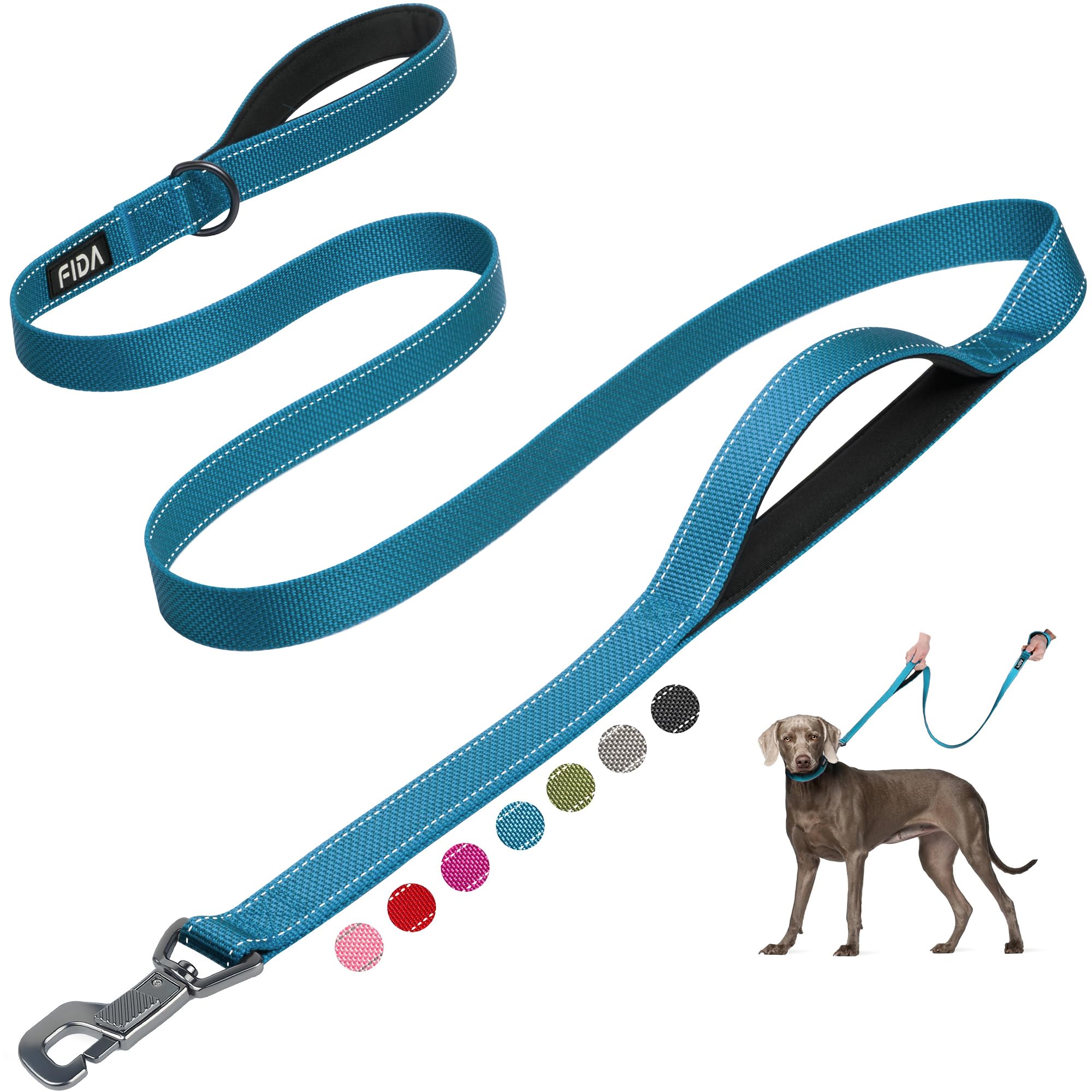 Fida 6 Ft Heavy Duty Dog Leash With 2 Comfortable Padded Handles, Traffic Handle & Advanced Easy Snap Hook, Reflective Walking Lead For Large, Medium & Small Breed Dogs, Blue