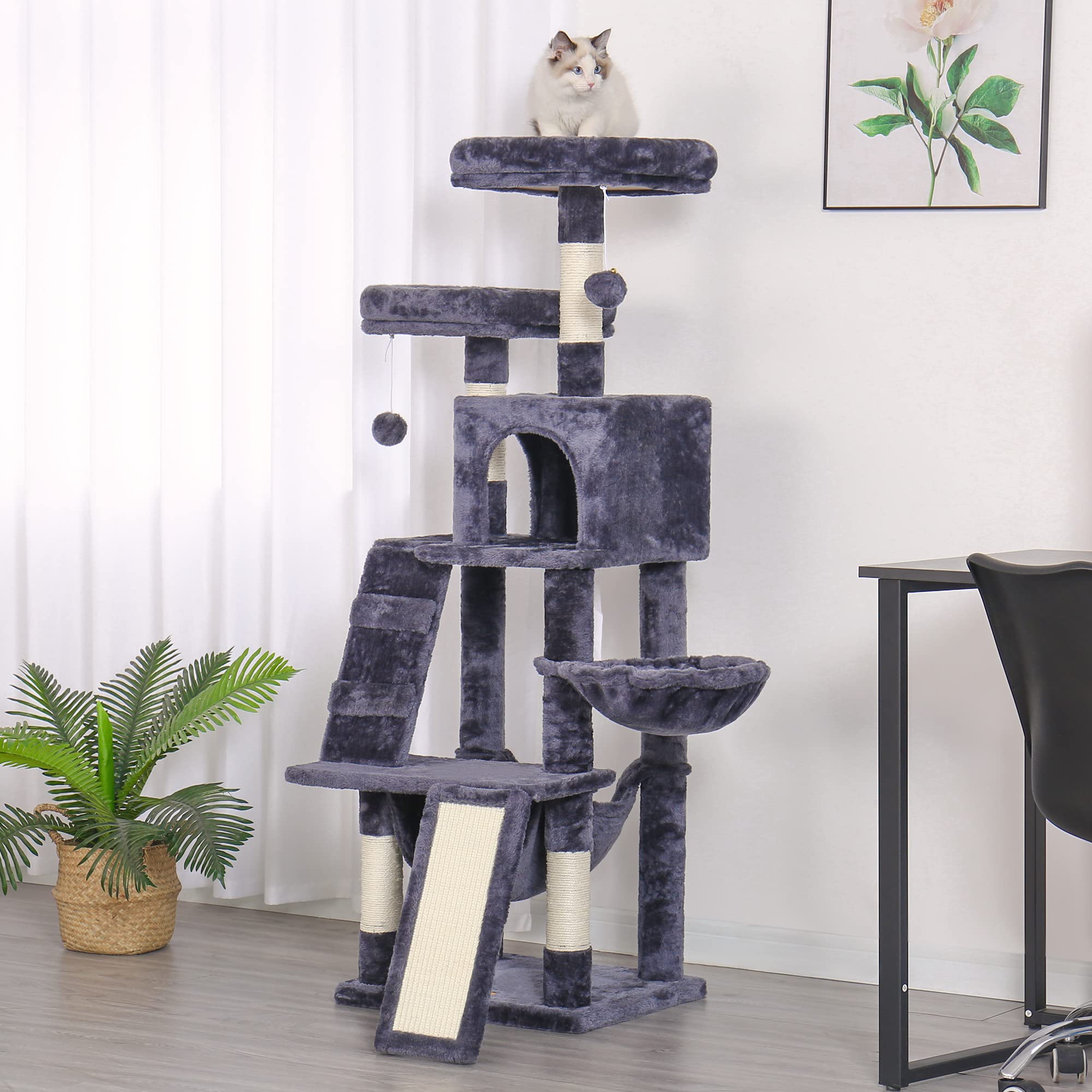 Heybly Cat Tree, Cat Tower For Indoor Cats,Multi-Level Cat Furniture Condo For Cats With Padded Plush Perch, Cozy Basket And Scratching Board Smoky Gray Hct014G