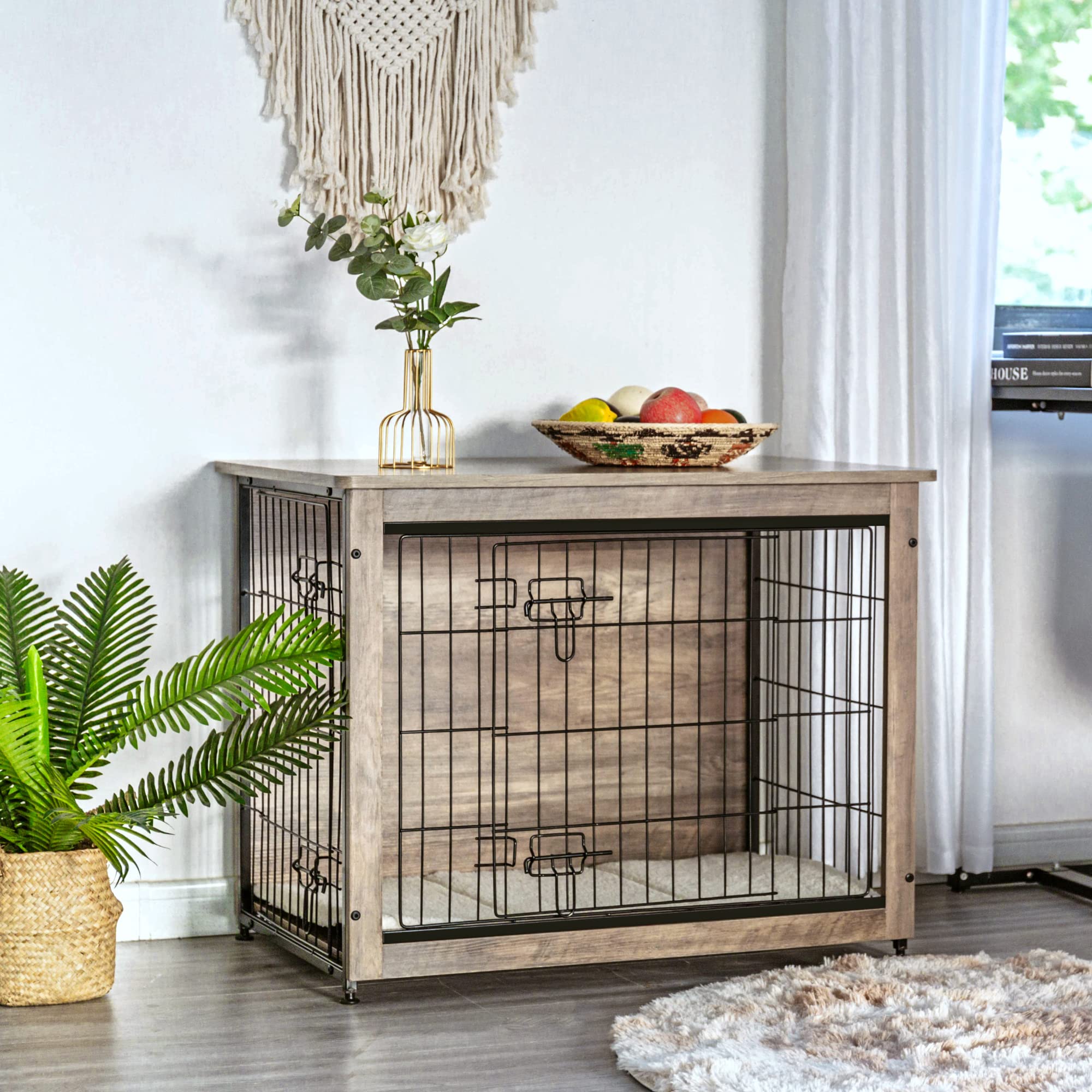 DWANTON Dog Crate Furniture with Cushion, Wooden Kennel Table with Double Doors, Indoor Dog House, Medium Size, 32.5 L, Greige