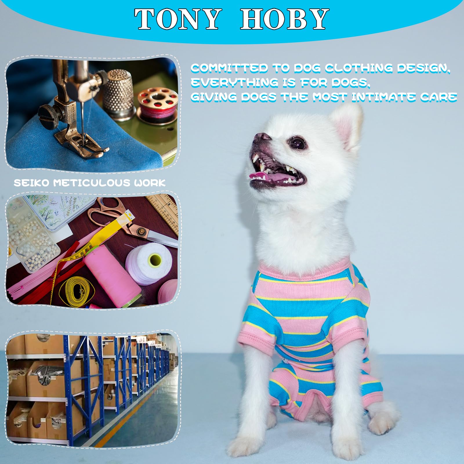 Tony Hoby Female Dog Pajamas With Colorful Stripe, Pet Clothes For Small Medium Dogs (Pink&Blue, Girl, L)