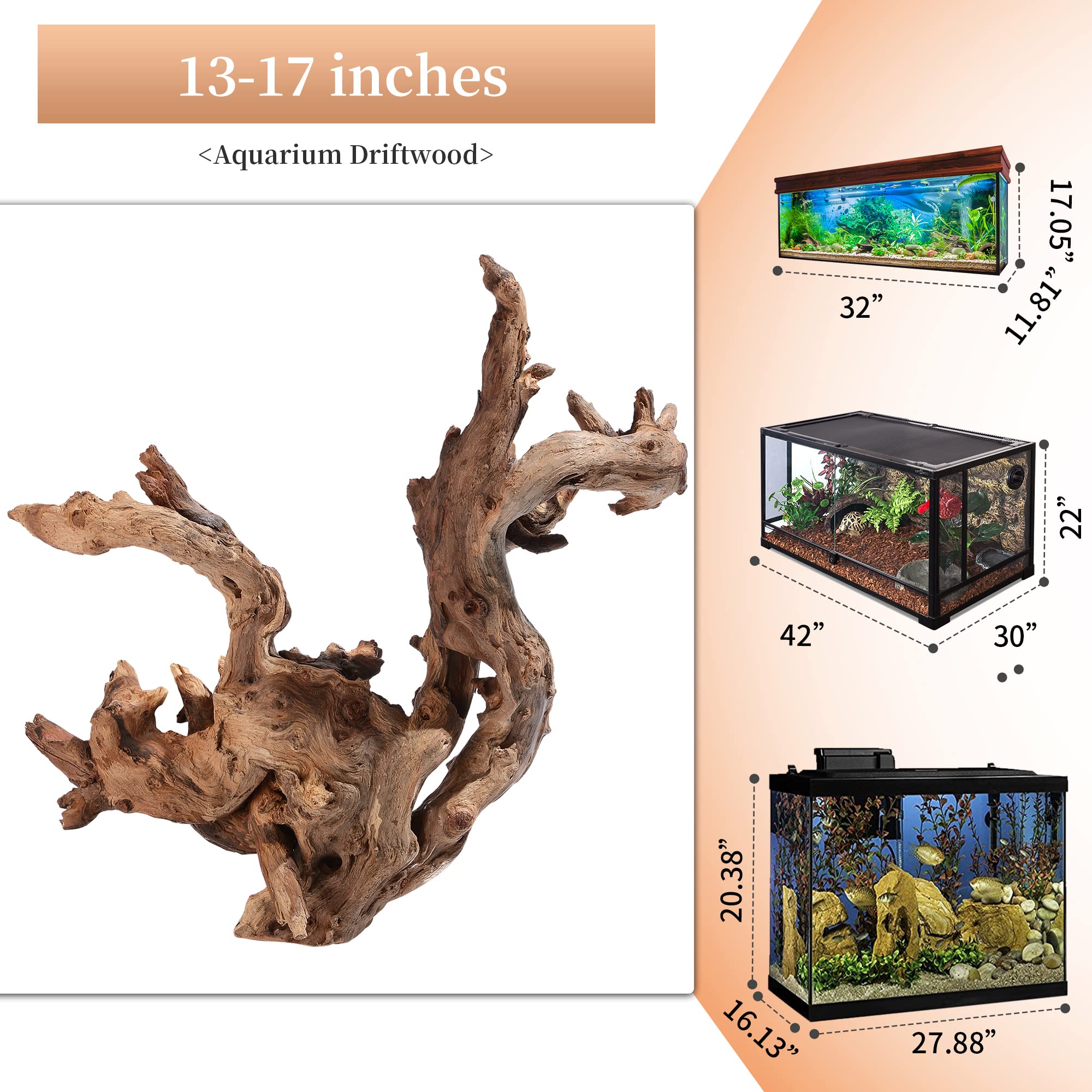 majoywoo Natural Driftwood for Aquariums & Reptiles, 13-17" Long, Dark Brown, Over 1.3 lbs, Mopani Wood