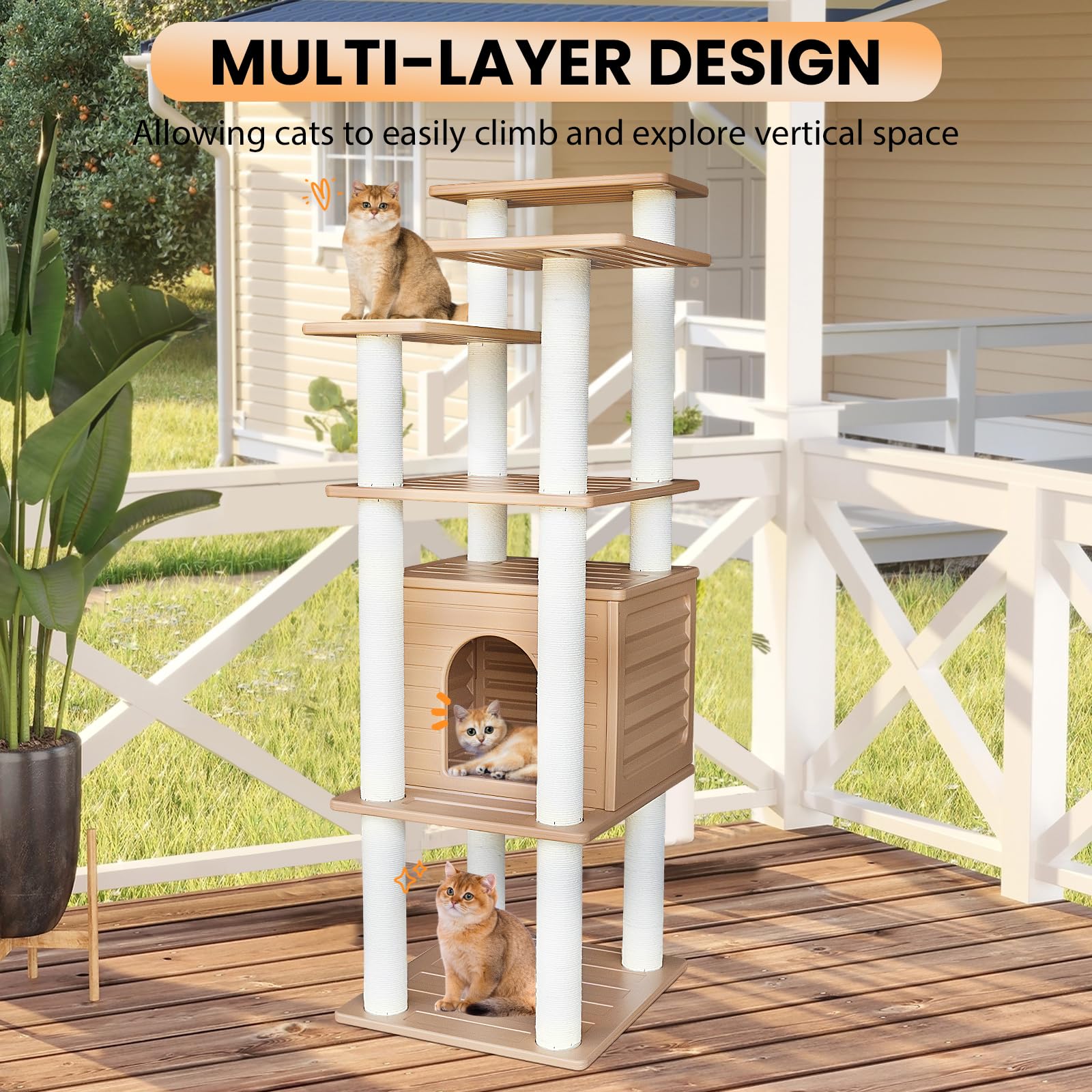 Maohegou 62    Tall Cat Tree For Outdoor And Indoor Cats, Weatherproof Large Outdoor Cat Condo With Scratching Posts