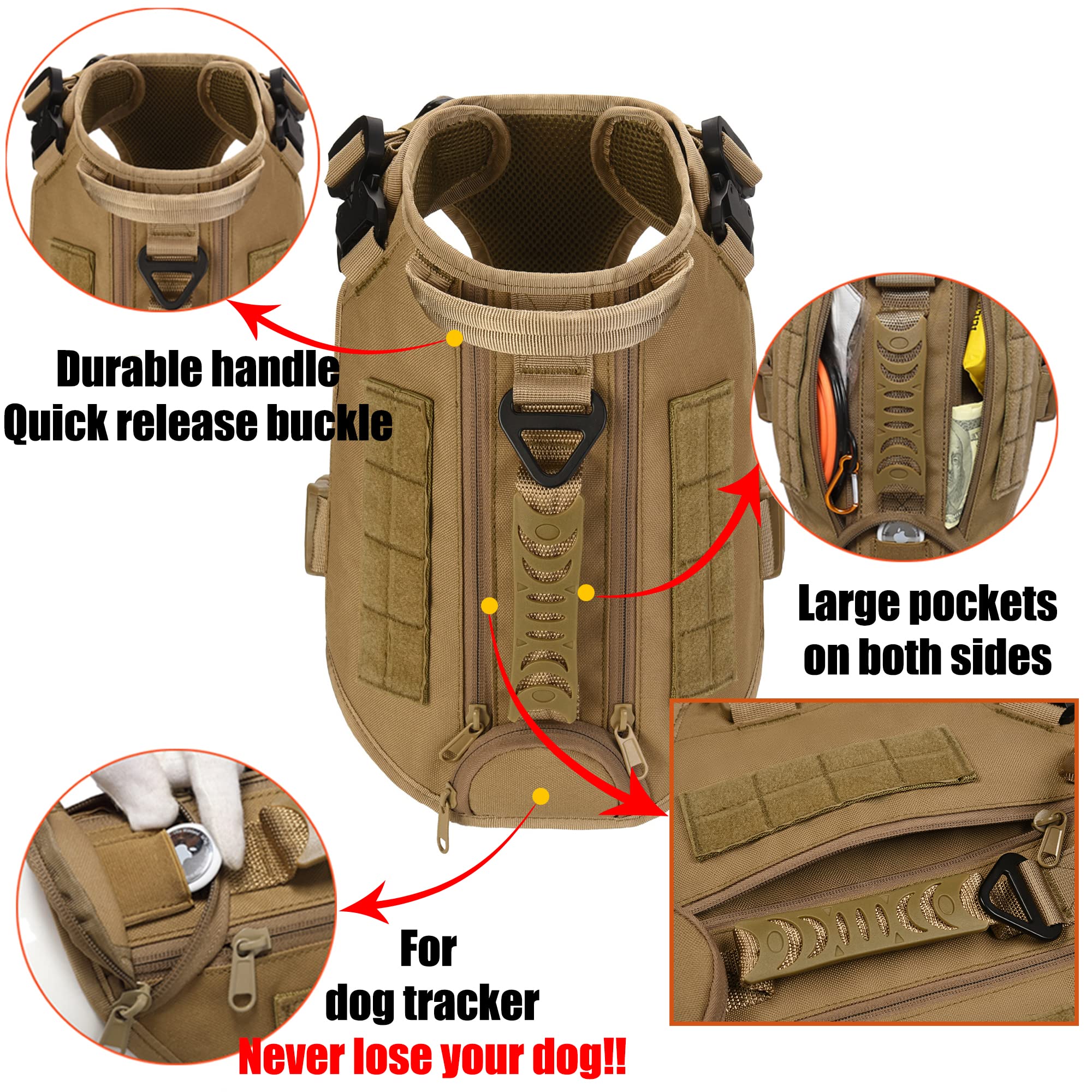 Tactical Dog Harness For Medium And Large Dogs No Pull Adjustable Dog Vest For Training Hunting Walking Military Dog Harness With Handle Service Dog Vest With Molle Panels Black,M,With 2 Pouches