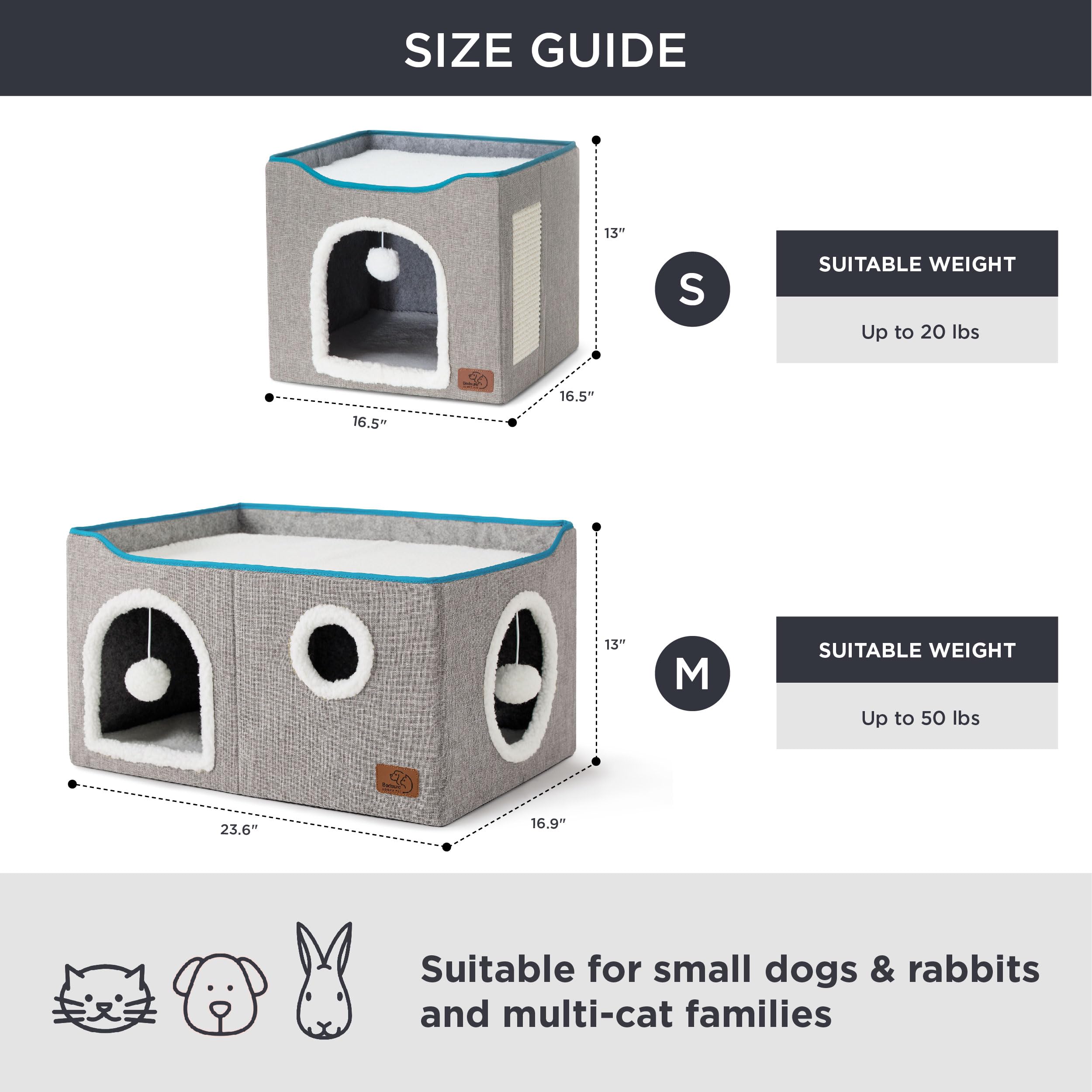 Bedsure Extra-Wide Cat House For Indoor Cats - Large Cat Cave For Pet Cat House With Fluffy Ball Hanging And Scratch Pad, Foldable Cat Hideaway For Multi Cats, 23.6X16.9X13 Inches, Grey