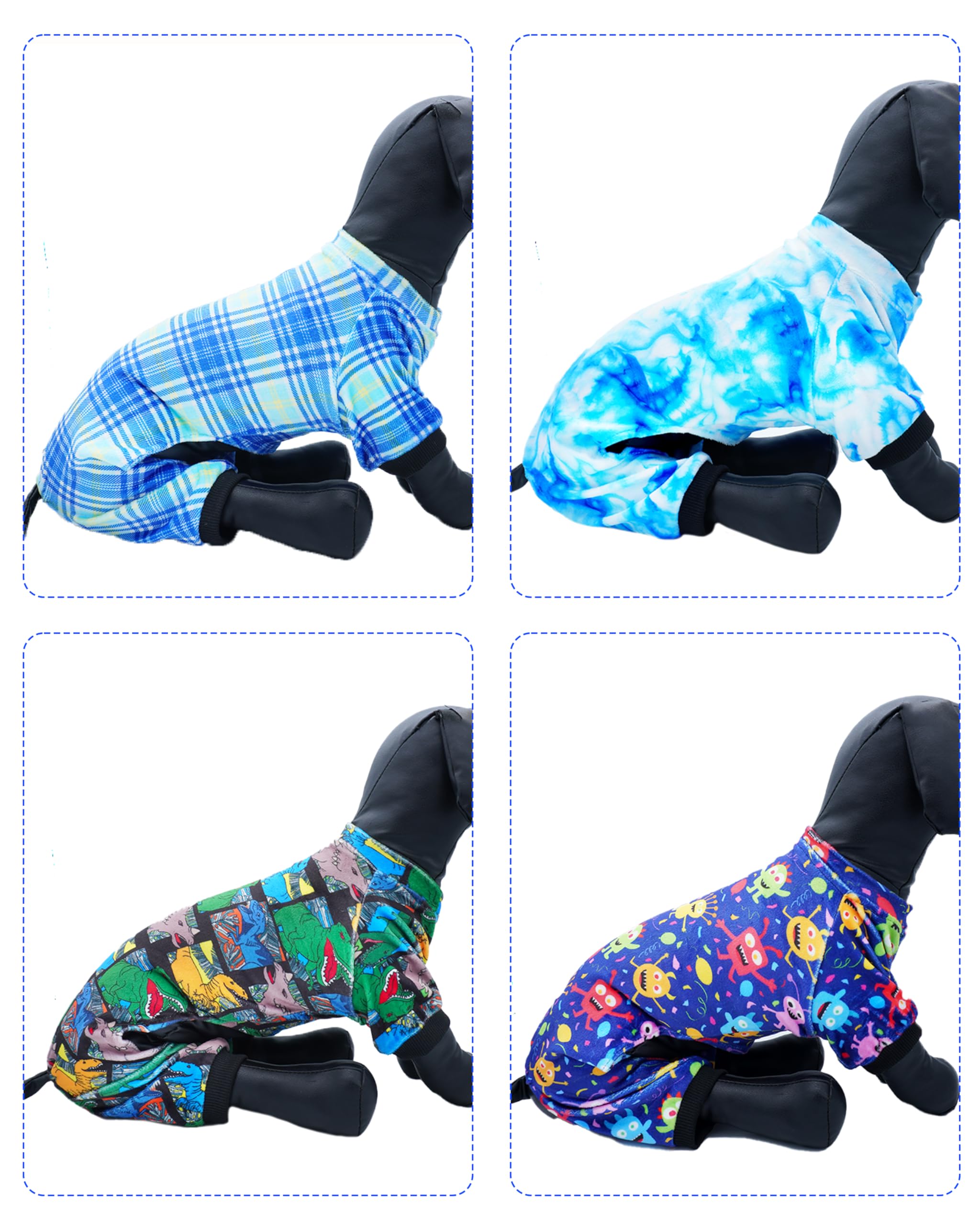 Pet Show 4 Pack Small Dog Pajamas Cute Dinosaur Monster Clothes Doggies Soft Stretchy Pjs Plaid Jumpsuit Puppy Cats Tie Dye Ones