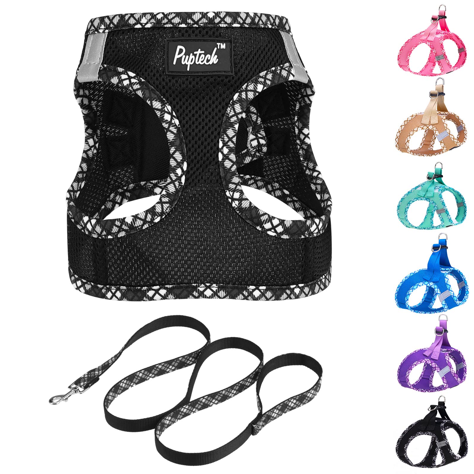 Pupteck Dog Harness And Leash Set For Small Medium Dogs No Pull Step-In Soft Mesh Puppy Cat Vest Harnesses Reflective At Night, Black M