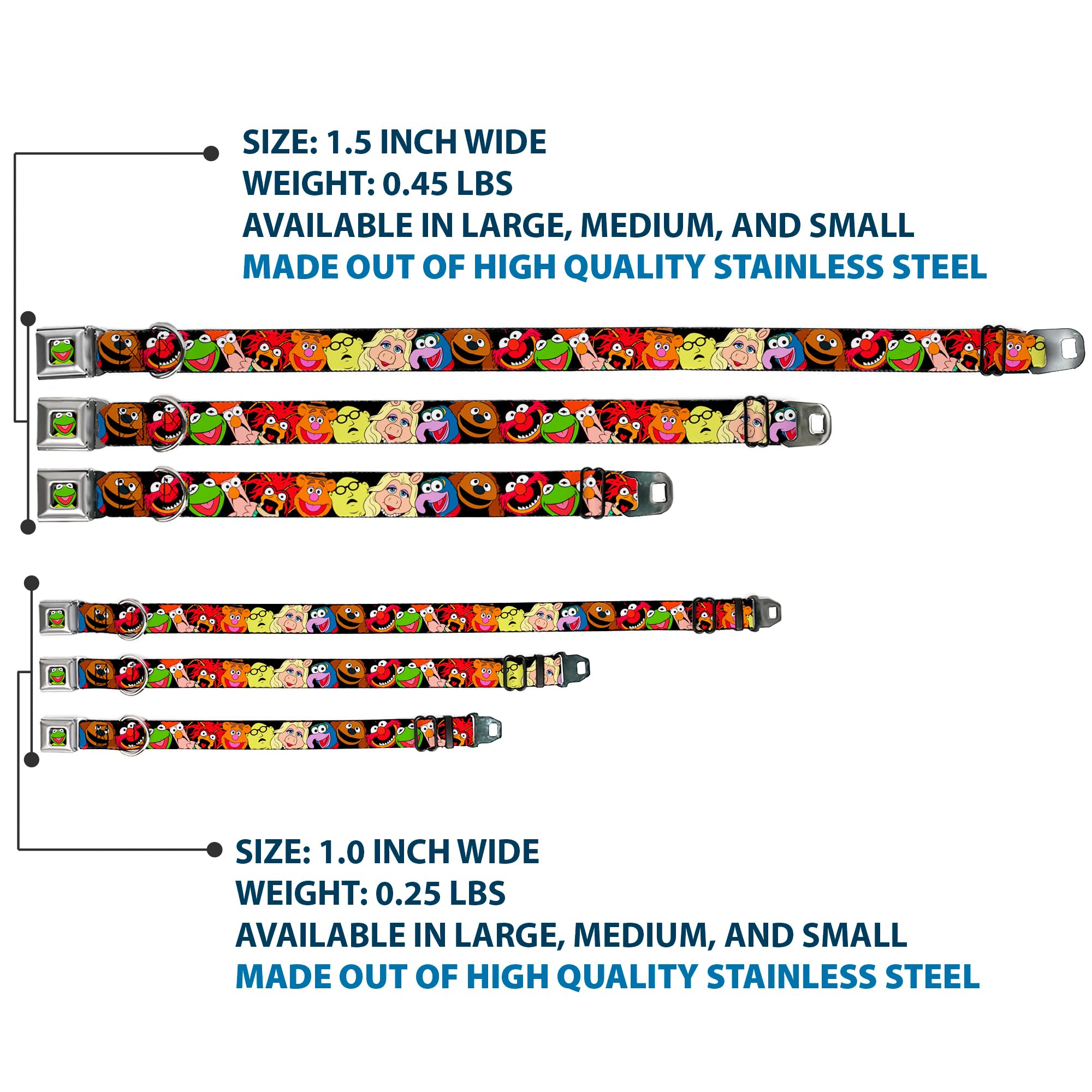 Buckle-Down Seatbelt Buckle Dog Collar - Muppets Faces Black - 1' Wide - Fits 9-15' Neck - Small