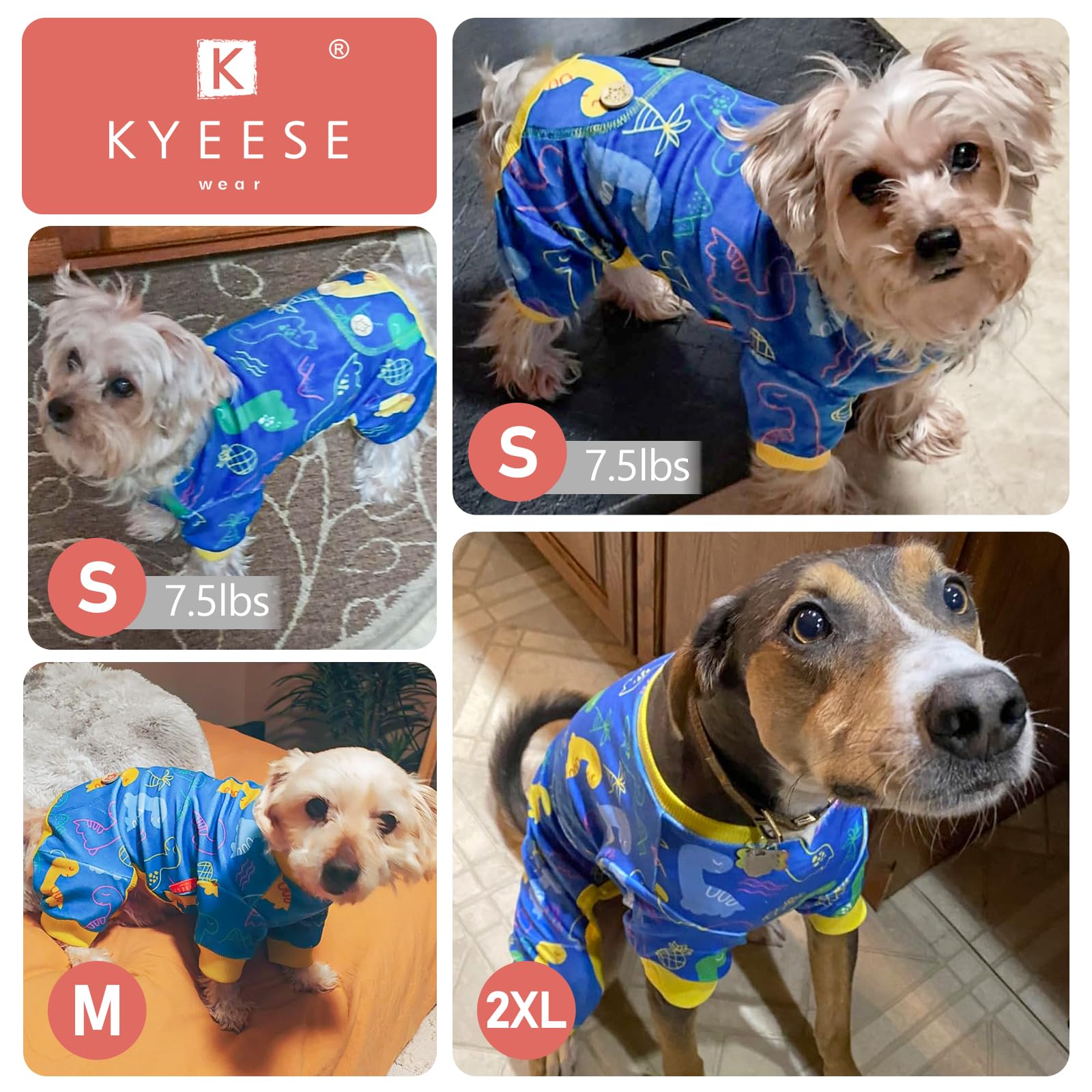KYEESE Dog Pajamas Medium Sized Dog Comfy Clothes Coat Stretchy Pet Onesie Outfit Soft Pjs Velvet Doggie Jammies with Dinosaur,
