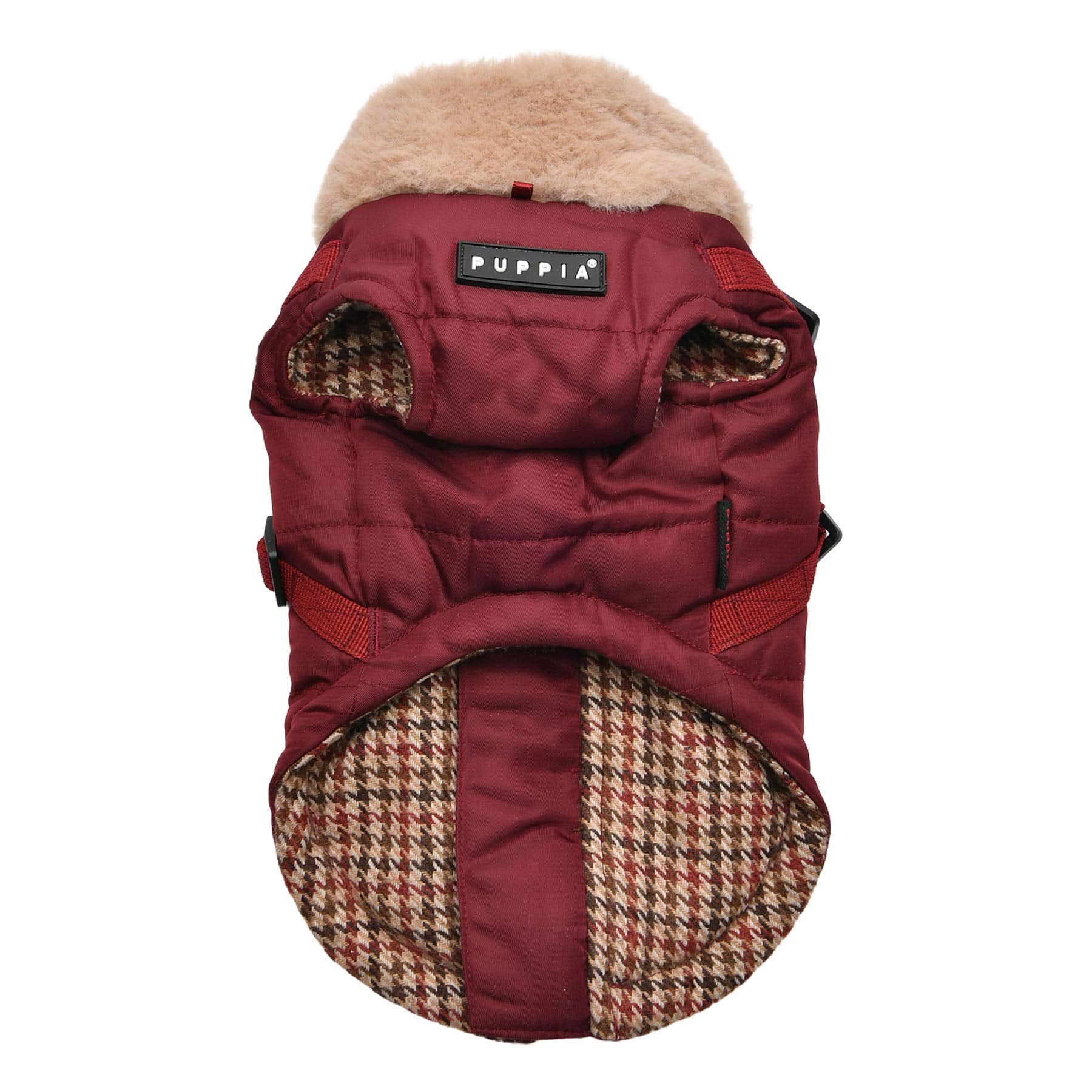 Puppia Donavan Winter Dog Coat With Integrated Harness No Pull Cold Weather Waterproof Warm Fleece Back Zipper For Small & Medium Dog, Wine, Small