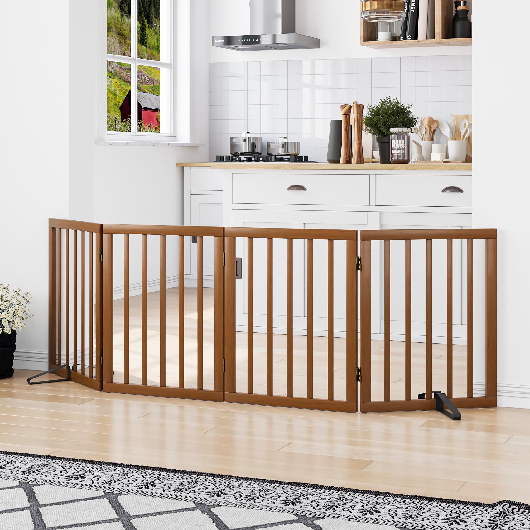 Mino Kesper Freestanding Pet Gate Foldable 4 Panel Dog Gate Walnut Dog Gates for Stair Doorways House Indoor (2 Support Feet Inc