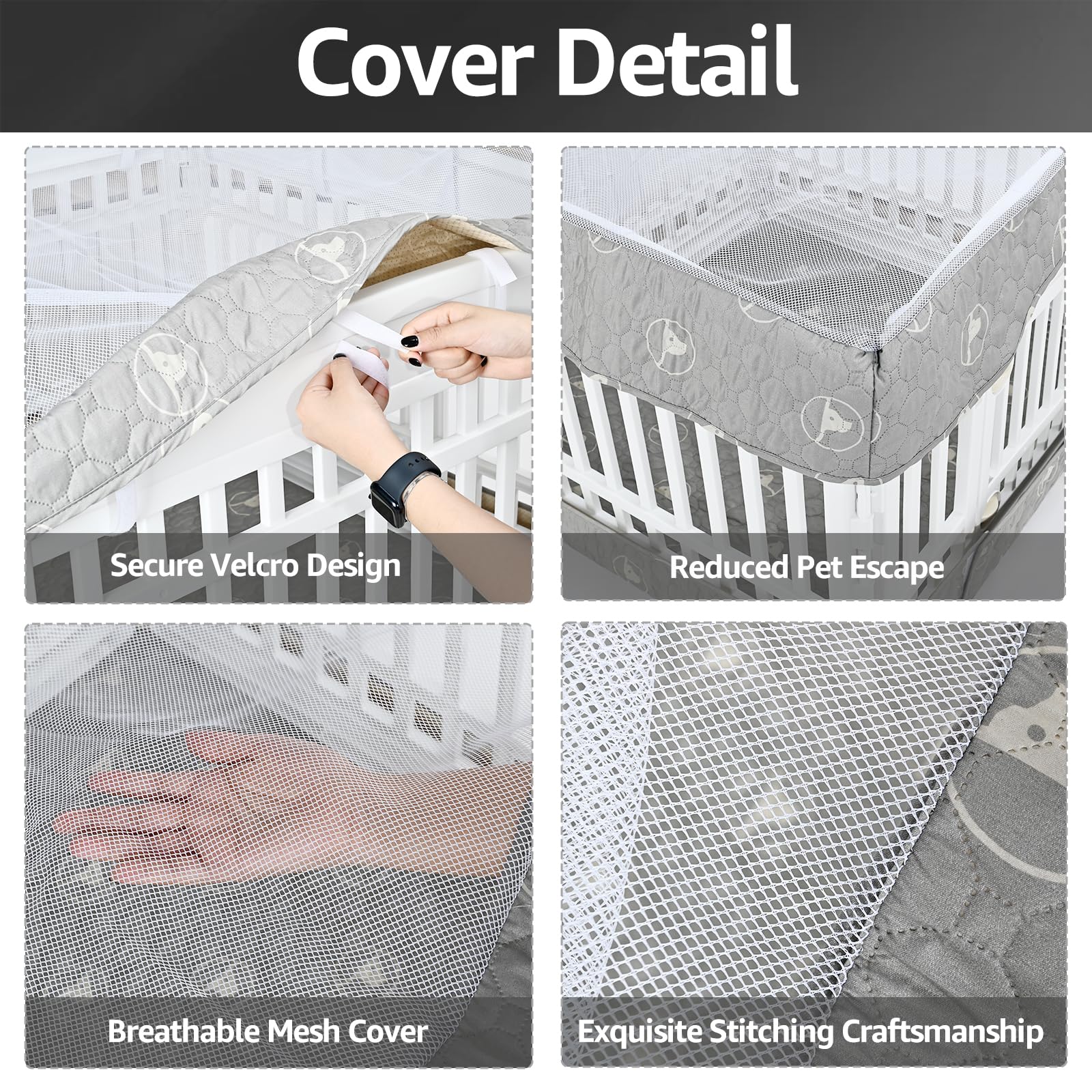 PJYuCien Dog Playpen Bottom Pad & Cover, 36" 4 Panels, Small, Grey, Polyester, Model 24BT-Grey