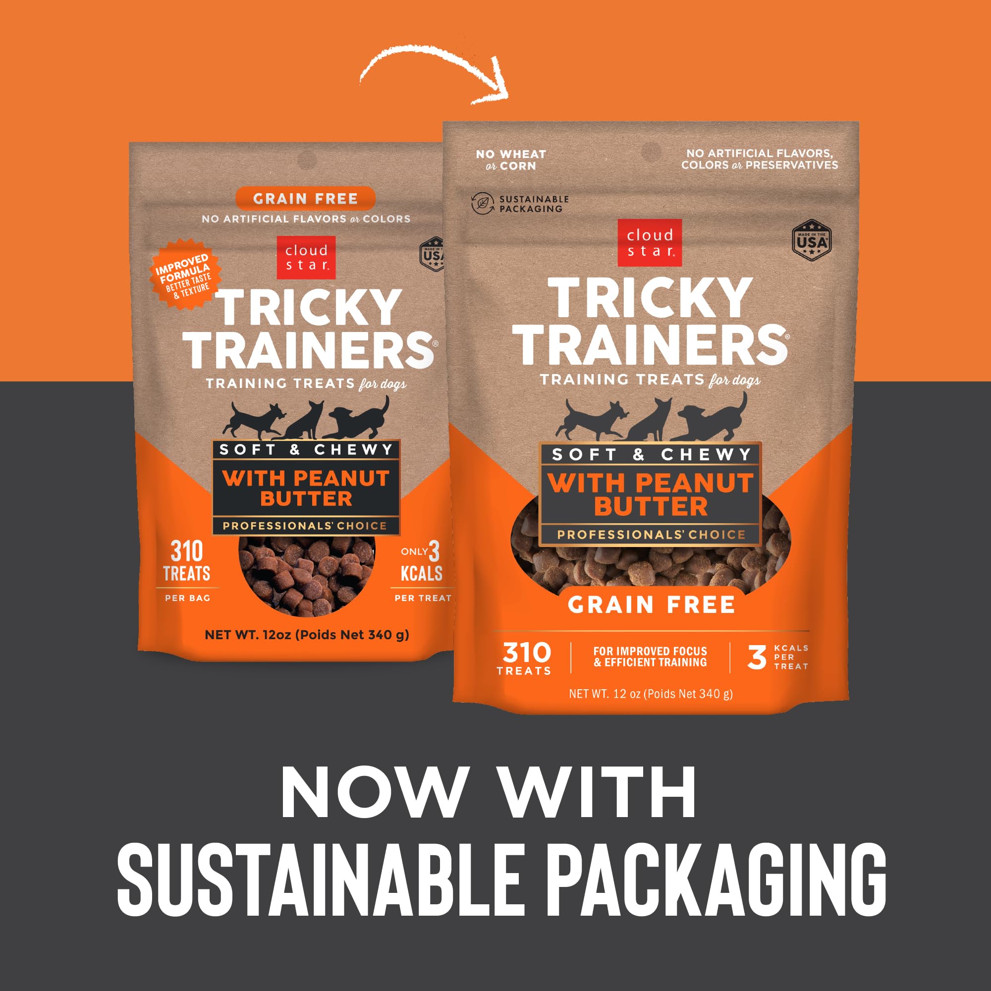 Cloud Star Tricky Trainers Soft & Chewy Dog Training Treats 12 oz Pouch, Peanut Butter Flavor, Grain-Free Low Calorie Behavior A