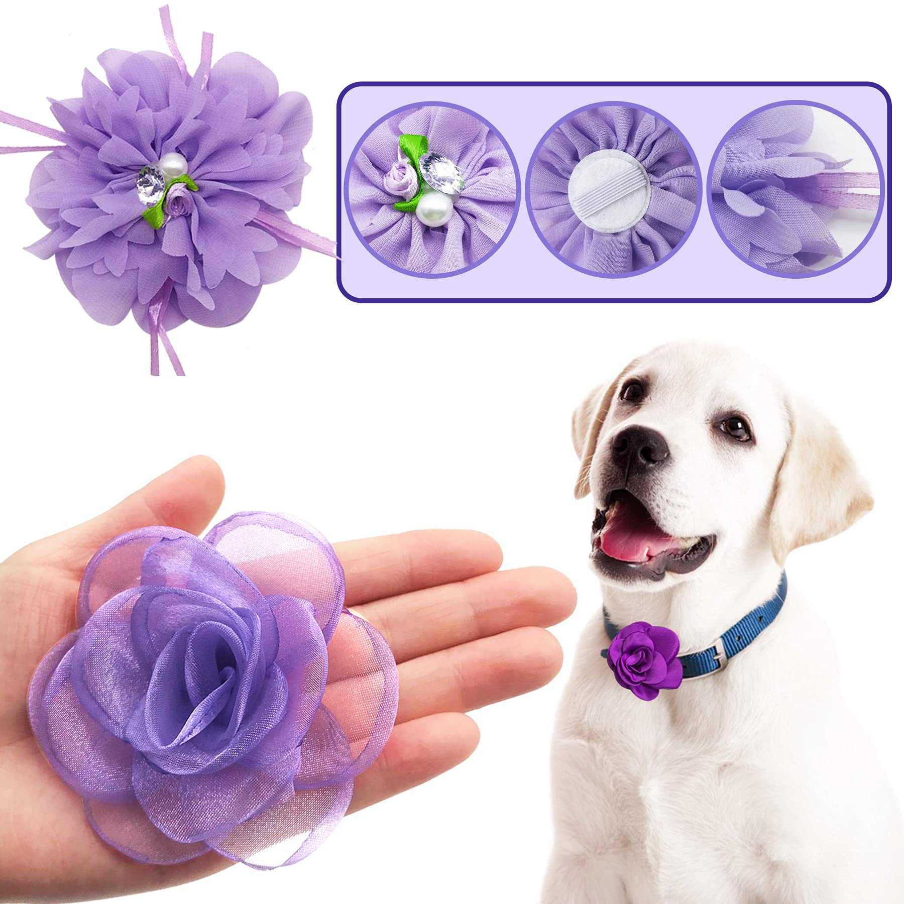 Pet Show 12Pcs Purple Dog Collar Bows And Flowers Attachment For Girls Puppies Cats Female Small Medium Dogs Collars Embellishment Decor For Wedding Birthday Parties Grooming Pet Collar Accessories