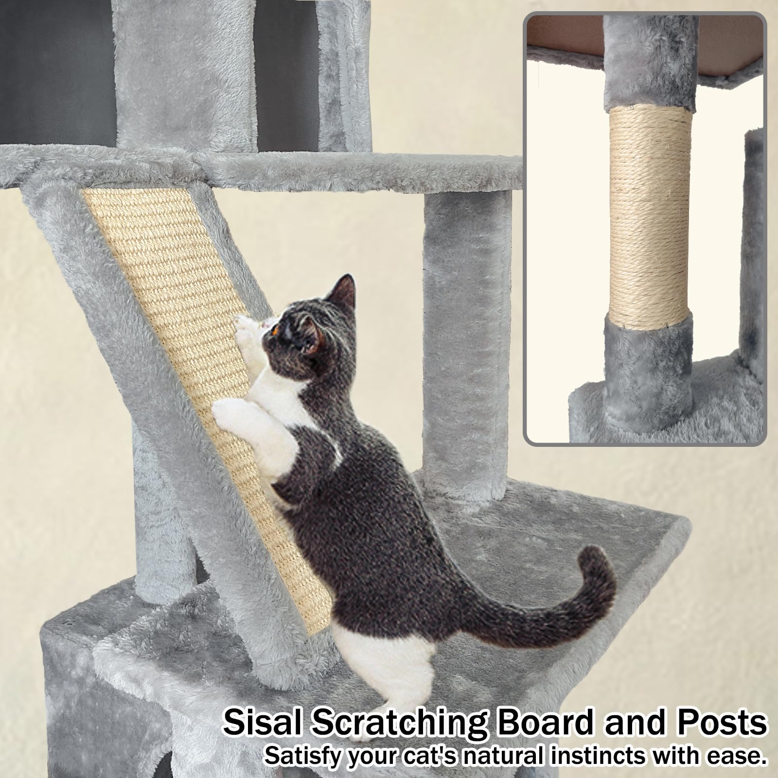 Pempet 70'' Cat Tree Tower For Indoor Cats, Multi-Level Cat Tower Condo With Sisal Scratching Post (Light Gray)