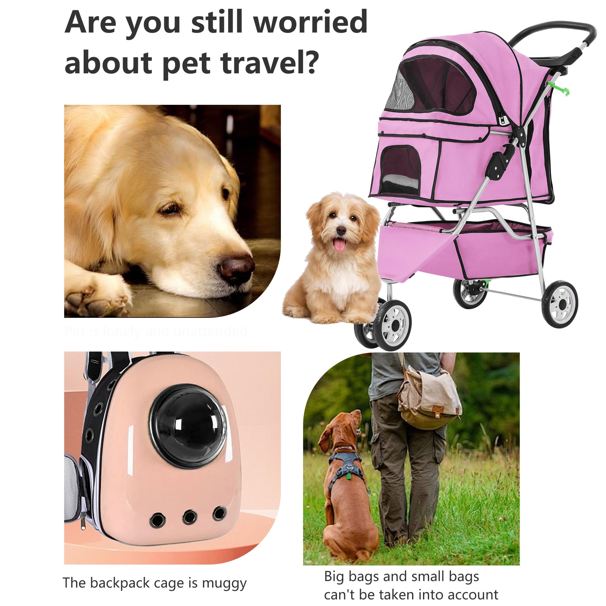FDW 3-Wheel Pet Stroller Foldable Dog Cat Jogger Stroller Durable Travel Folding Carrier with Storage Basket Cup Holder,Peach Pi