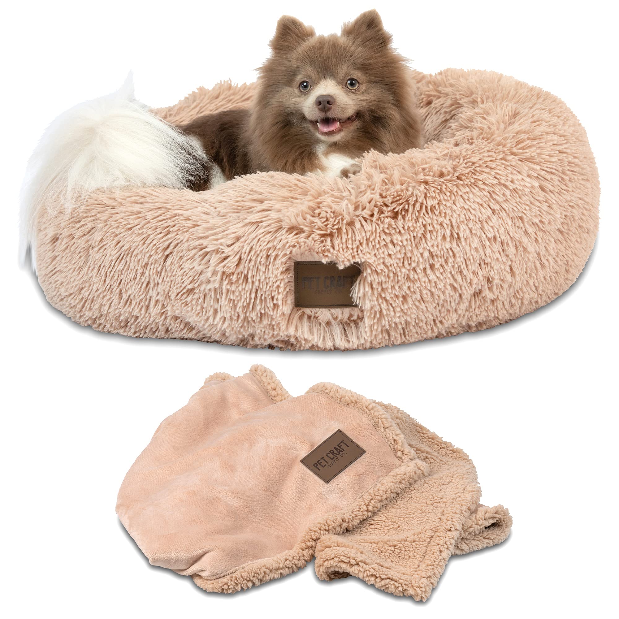 Pet Craft Supply Ultra Plush Calming Anti-Anxiety Pet Bed - Includes Super Soft Comfort Blanket - Great Medium Dog, Puppy And Cat Bed