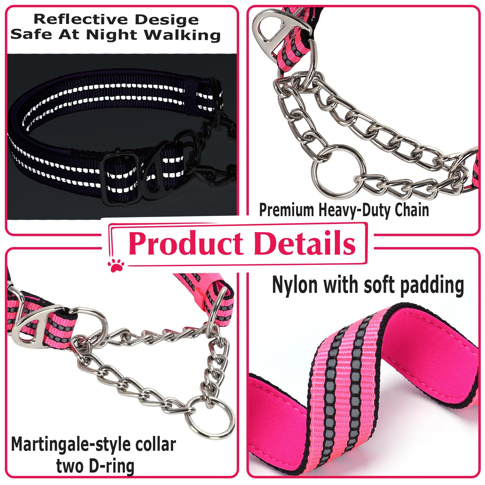 Martingale Collar For Medium Dogs,Pink Reflective Collar With Night Safety Design For Large/Medium Xl Xxl Female Dogs Secure Pet