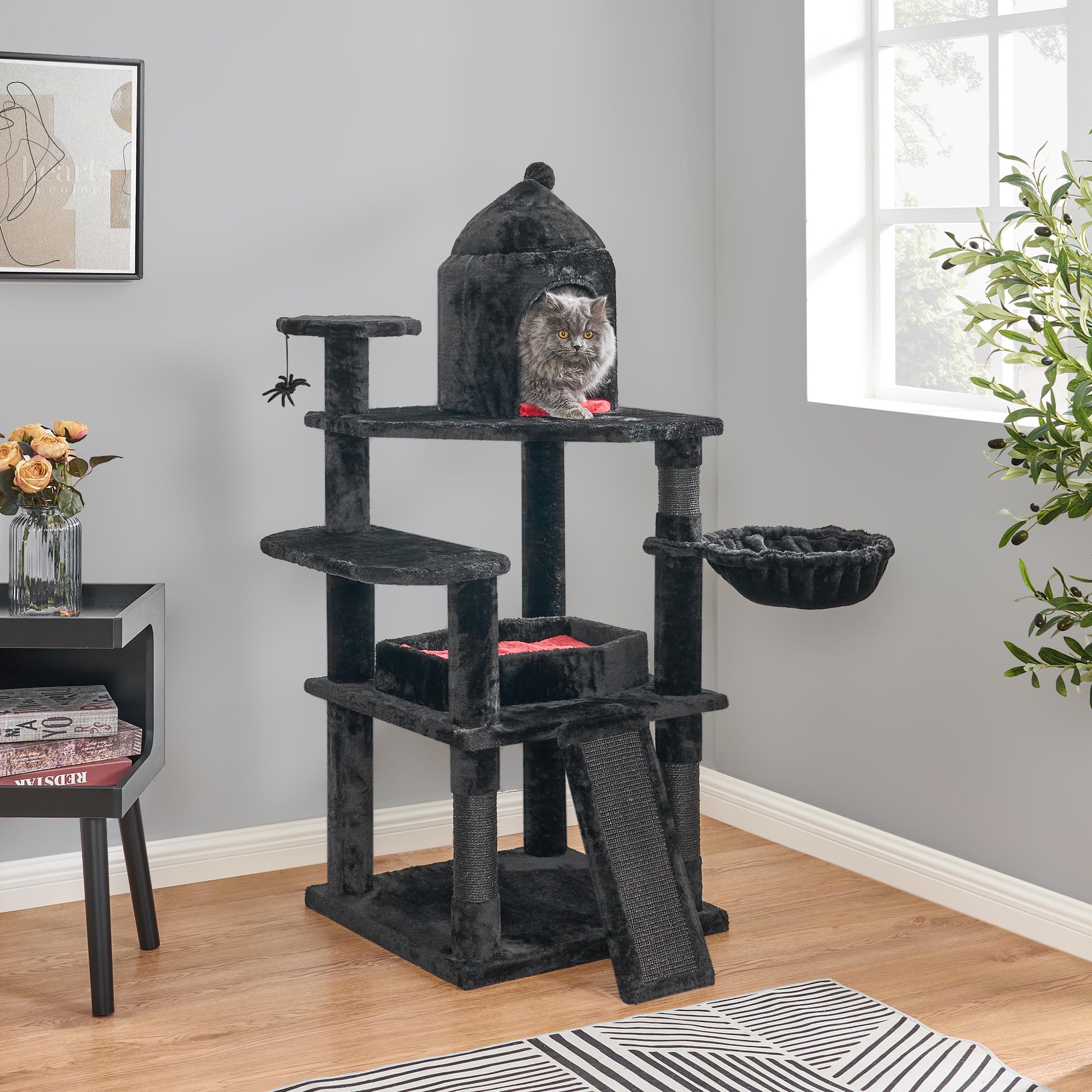 Bewishome Gothic Cat Tree With Coffin Bed Cat Tower For Indoor With Spacious Condo, Sisal Scratching Ramp, Cozy Basket Black Pet
