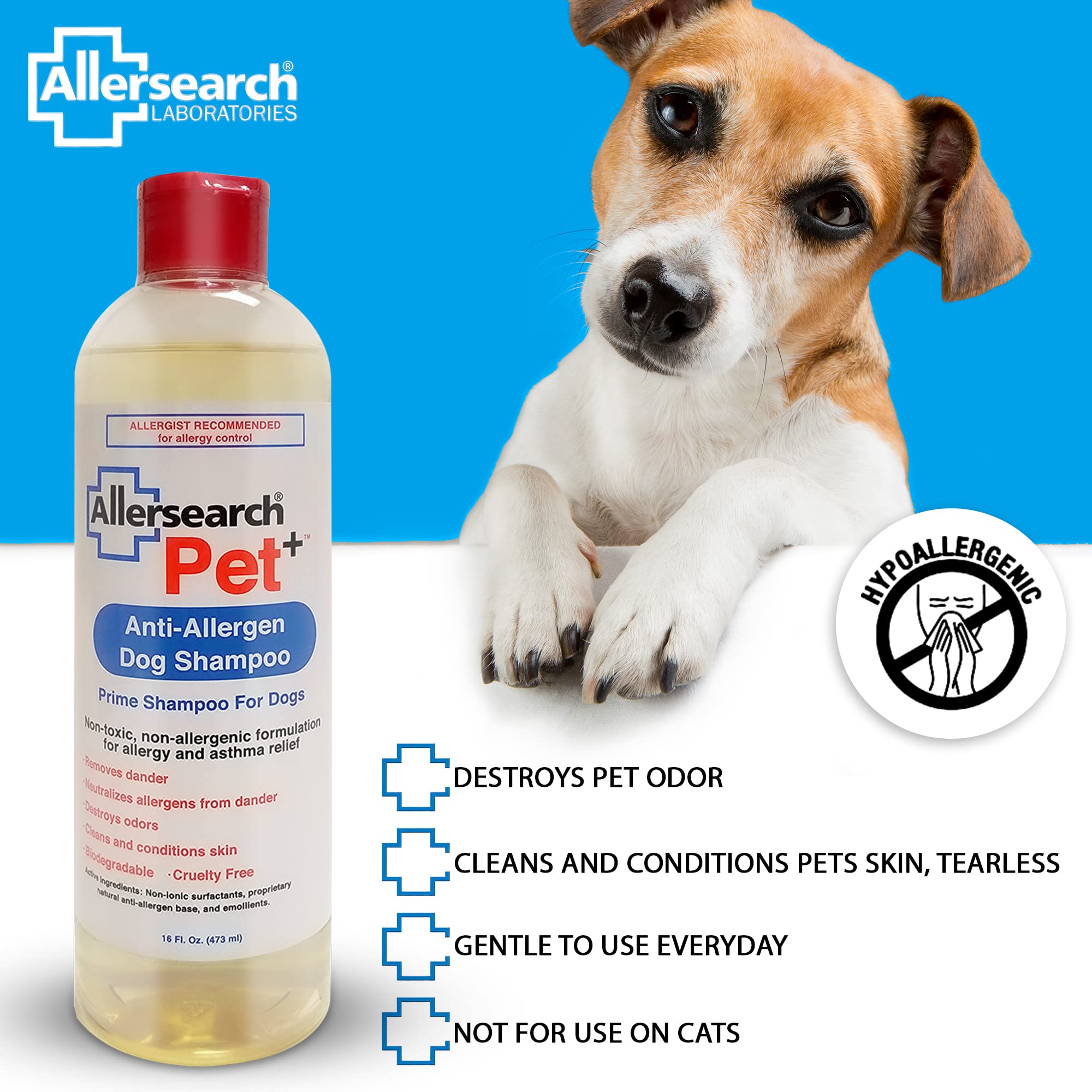 Allersearch Pet+ Anti-Allergen Dog Shampoo - 16 Oz, Gentle Formula for Allergies, Model AL206016