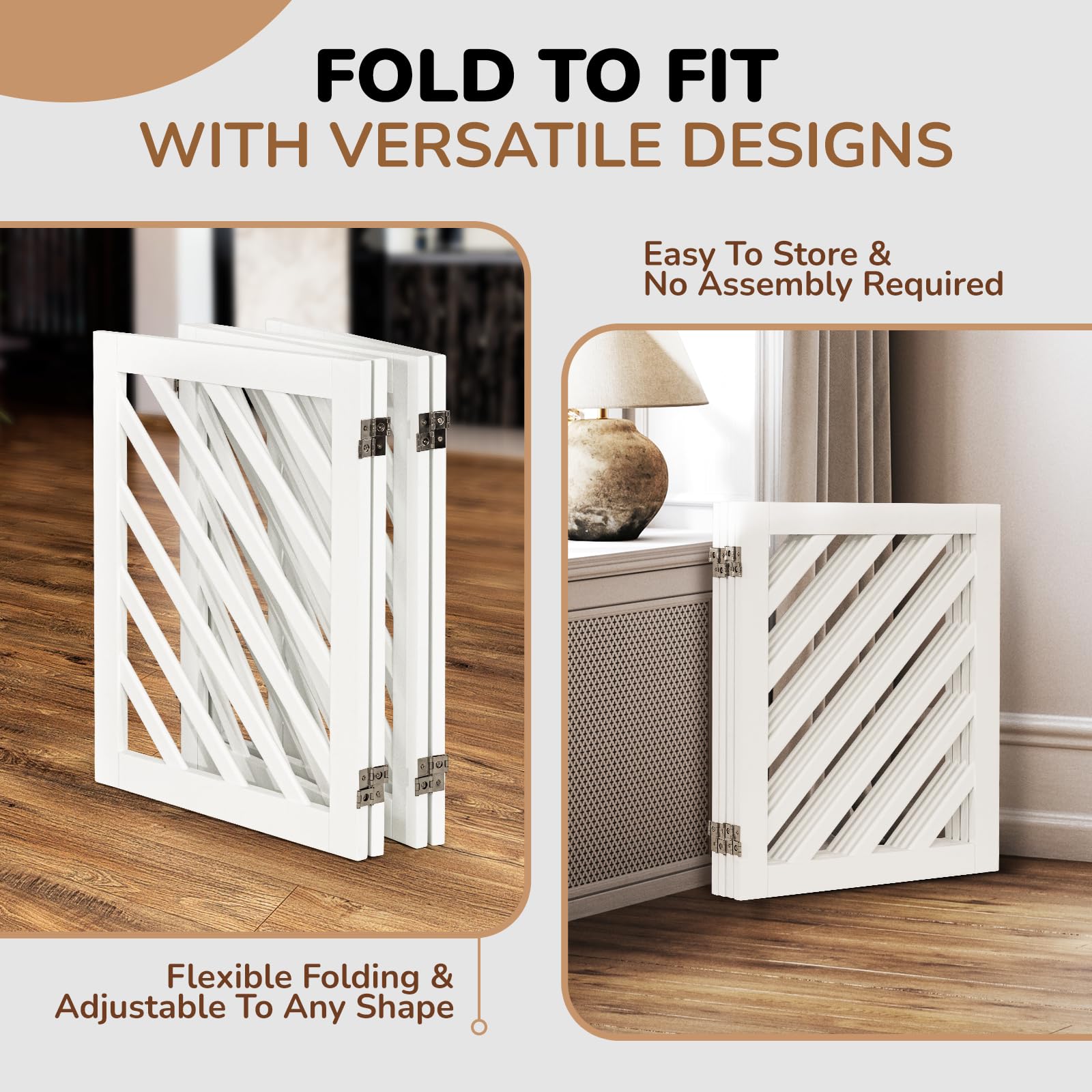dCee Solid Acacia Wood Dog Gate - Freestanding Extra Wide 81" Pet Gate, White, Foldable with 4 Panels & 2 Support Legs