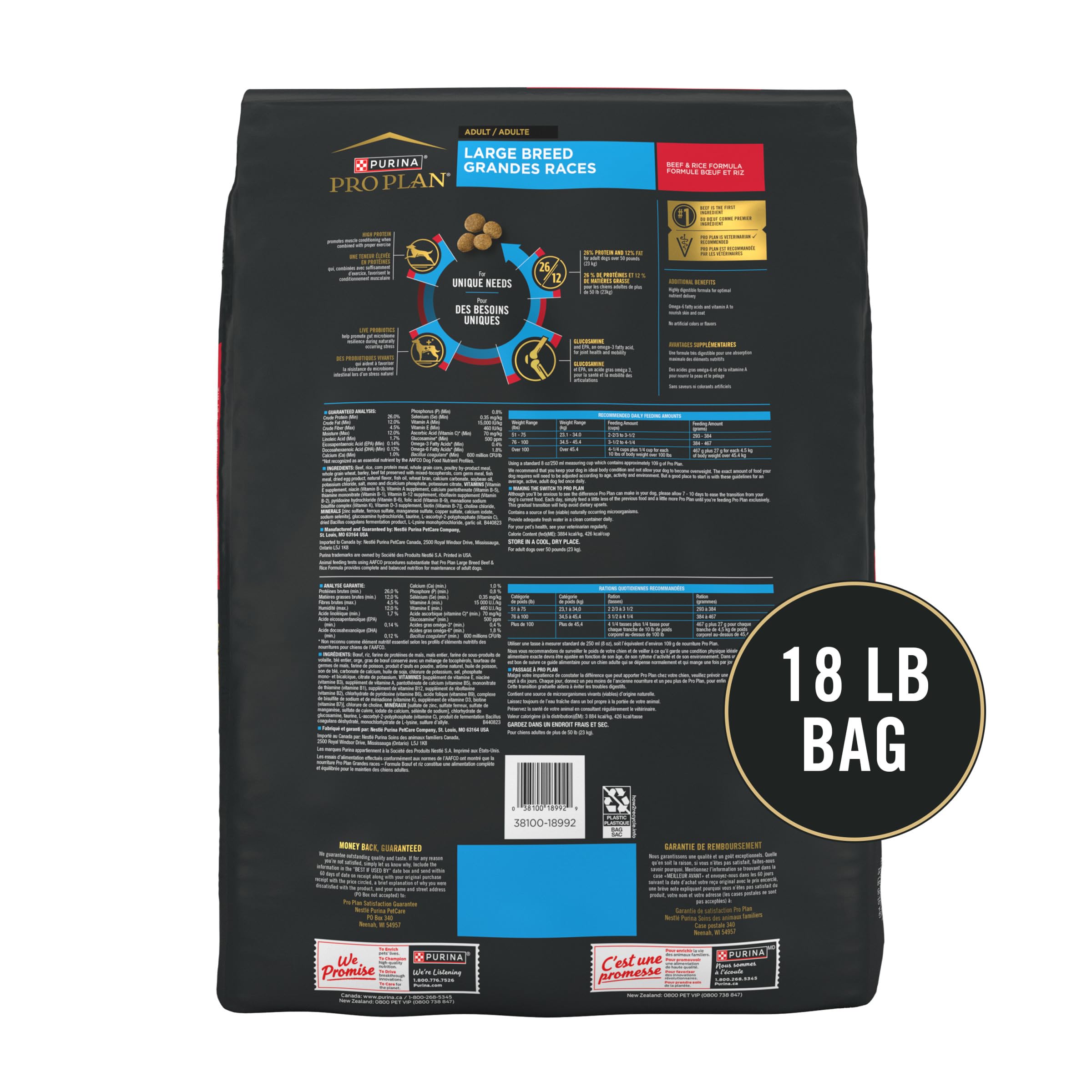 Purina Pro Plan Large Breed Dry High Protein Dog Food with Probiotics for Dogs, Beef and Rice Formula - 18 lb. Bag