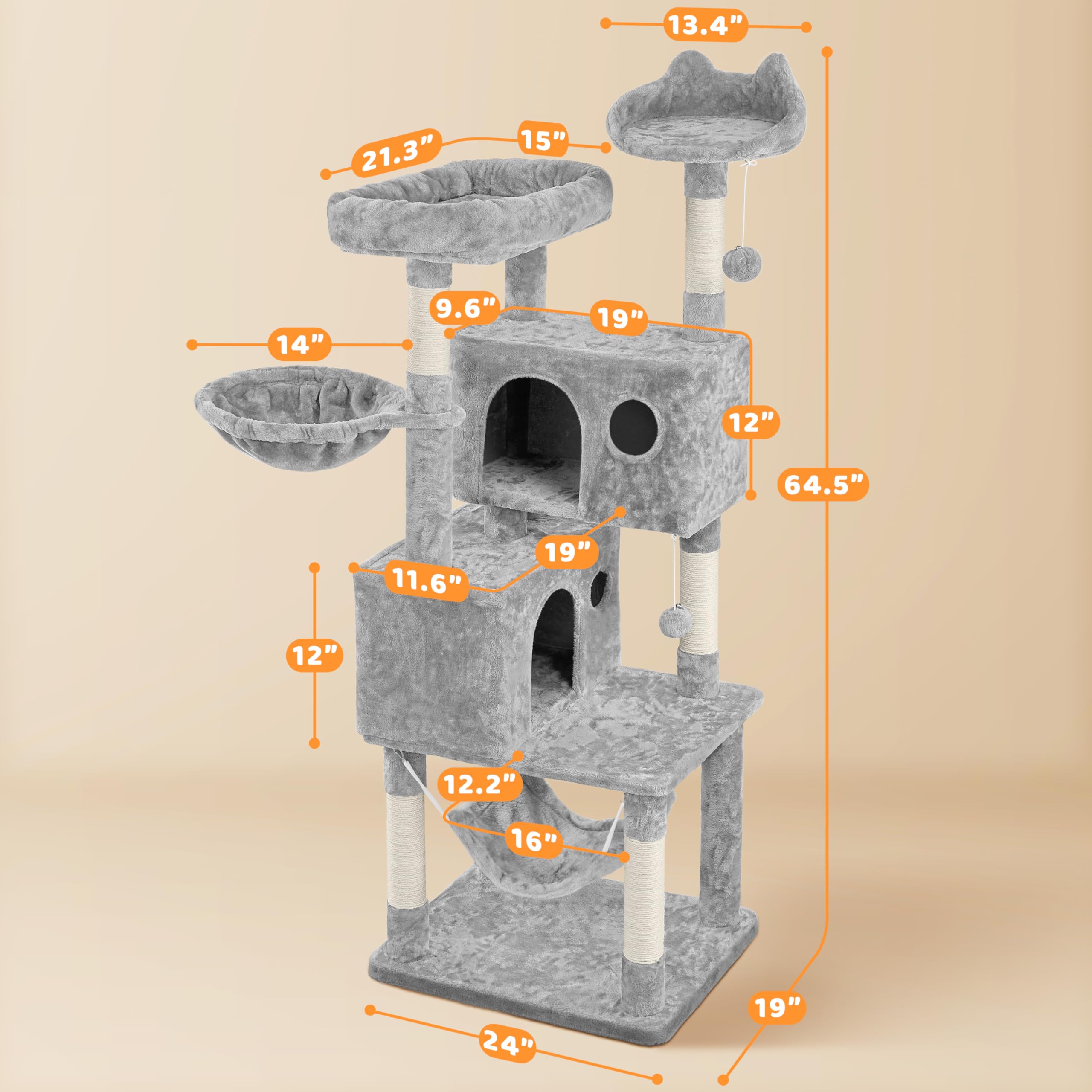 Yaheetech 64.5In Extra Large Multi-Level Cat Tree Kittens Play House Condo With Platform, Perch Hammock & Scratching Posts, Ligh