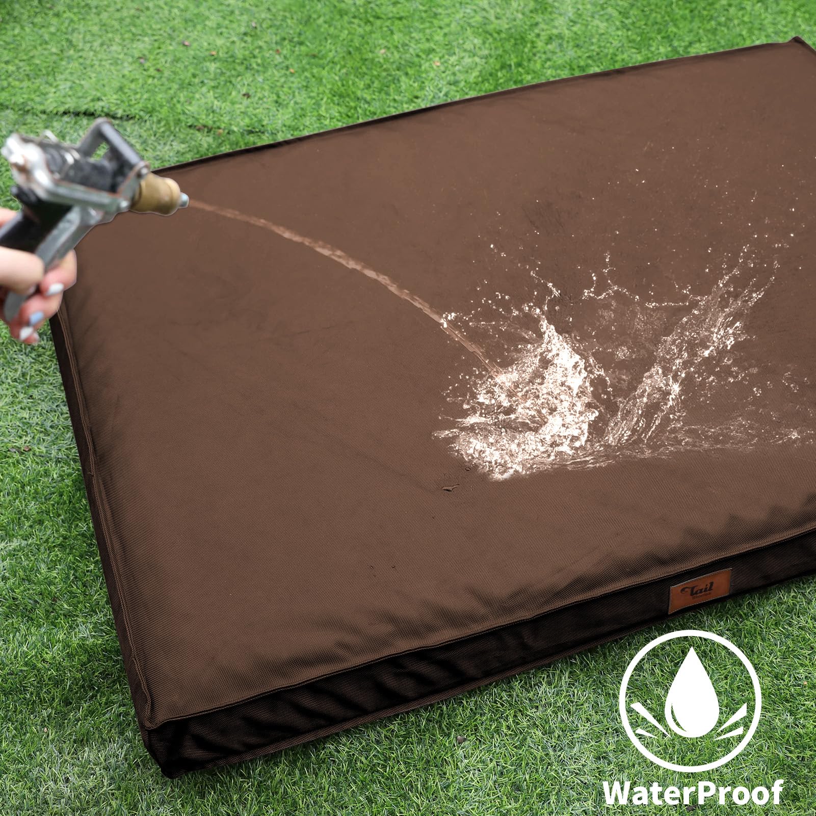 Tail Stories Outdoor Waterproof Dog Bed, Orthopedic Egg Foam, 47"x29"x3.5", Brown, Washable Cover