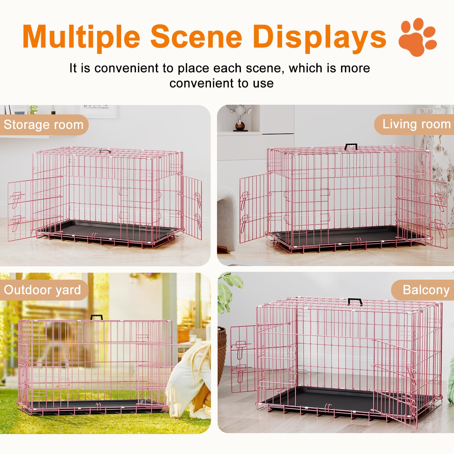 FDW Dog Crate - 30" Metal Folding Cage with Plastic Tray for Small/Medium Dogs, Pink