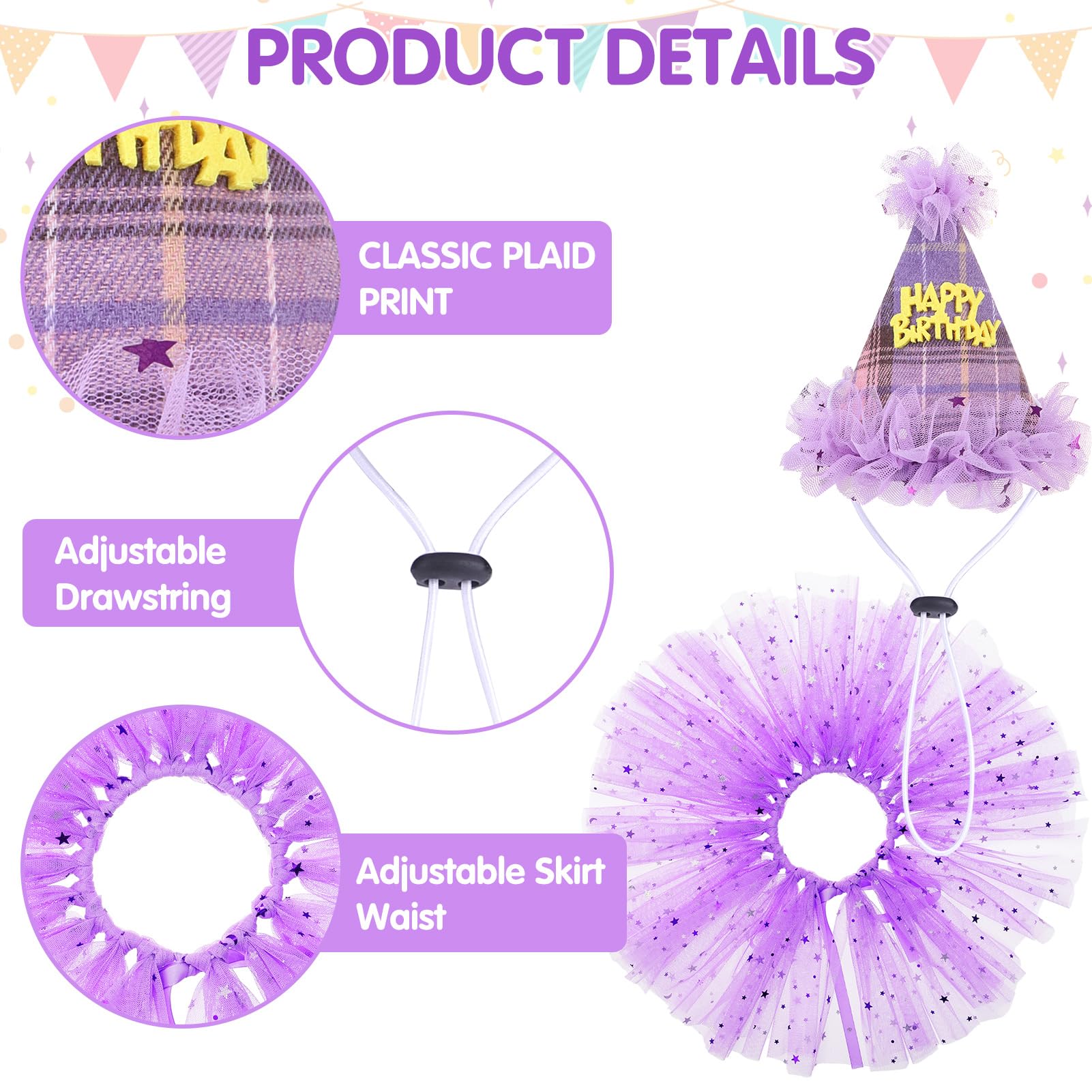 SCENEREAL Dog Birthday Bandana Hat with Dress Girl Set Party Supplies Plaid Puppy Birthday Outfit Cute Dog Tutus for Small Mediu