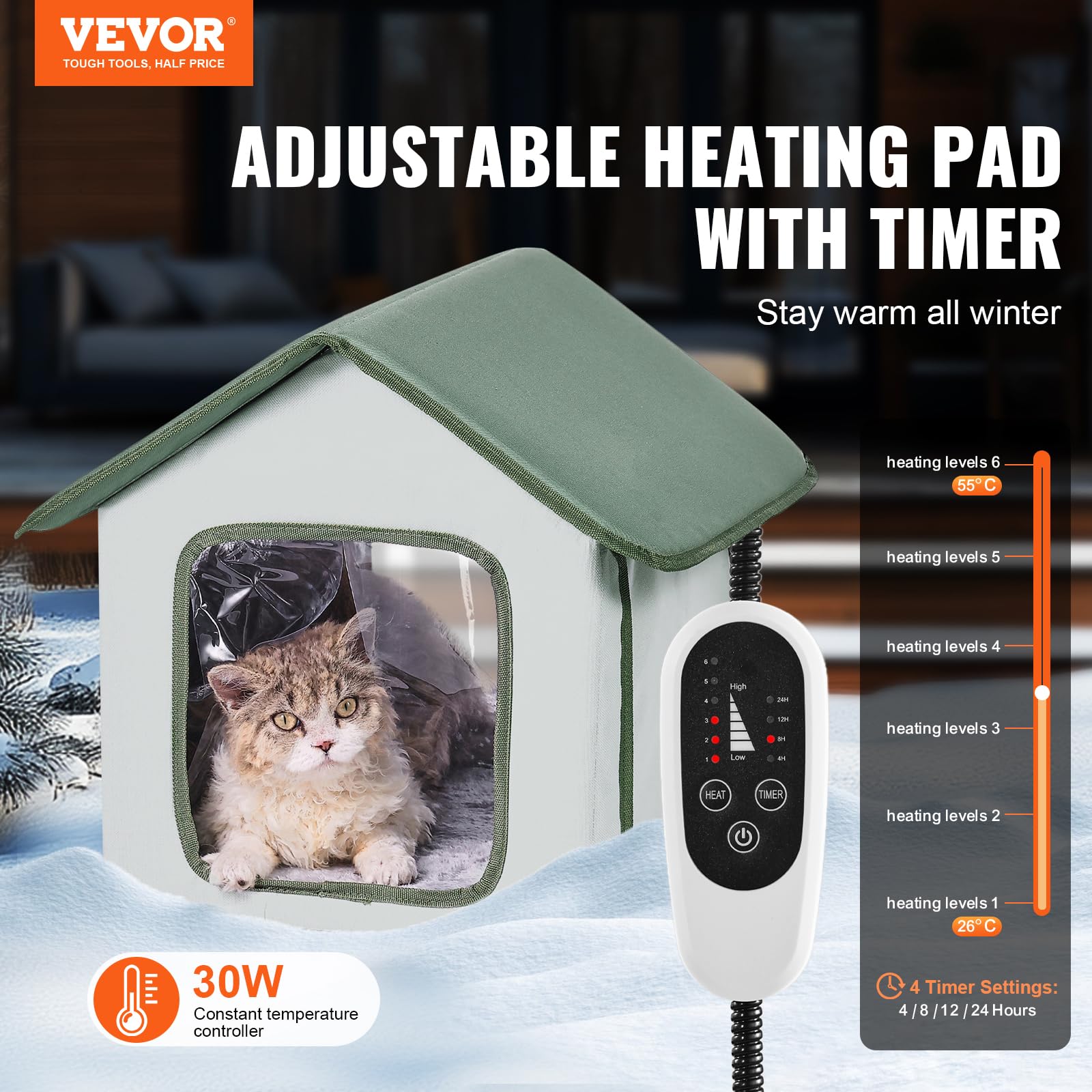 VEVOR Elevated Heated Cat House, Outdoor Kitty Shelter with Adjustable Temperature & Timer, 600D Oxford Cloth Foldable Cat Shelt
