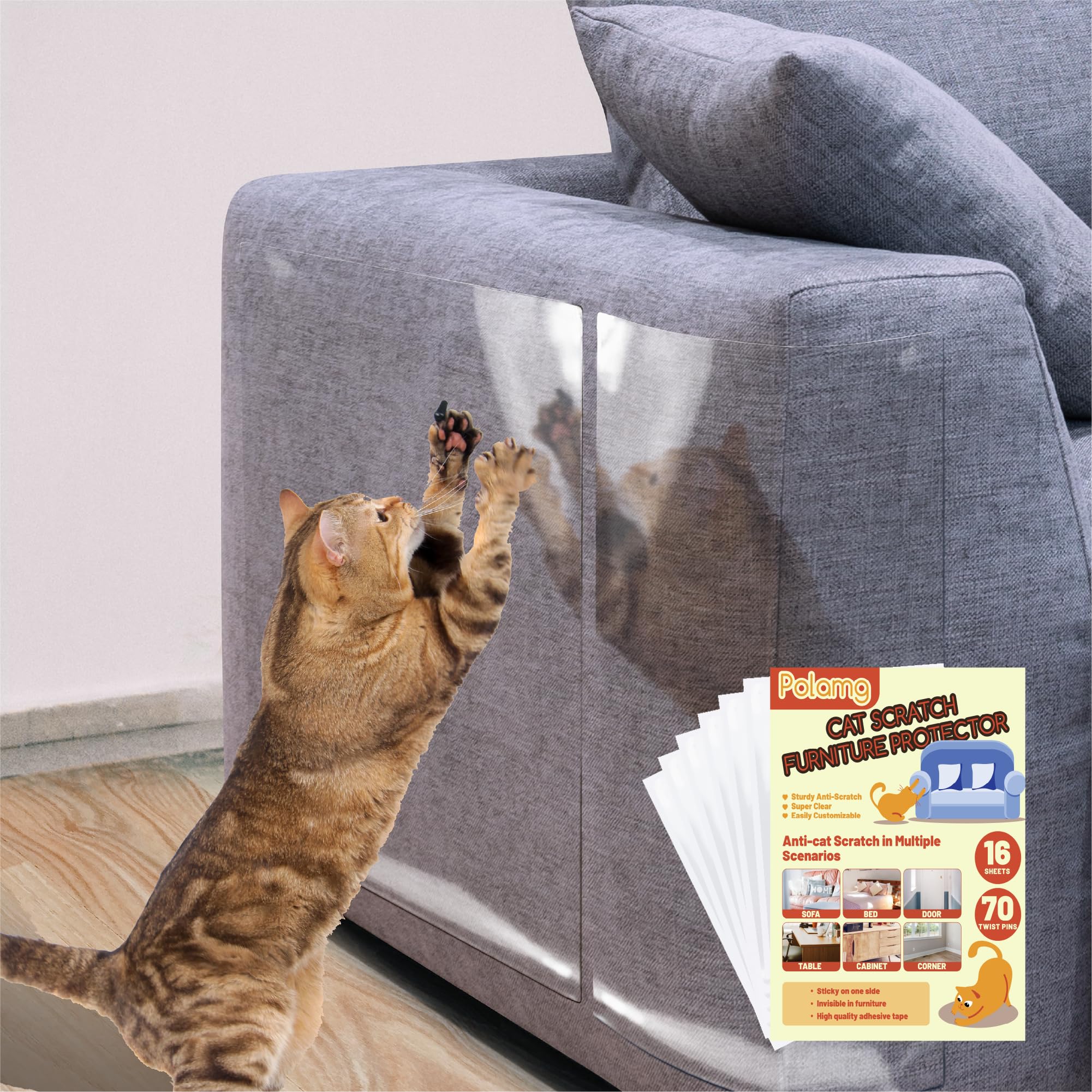 Anti-Cat Scratch Furniture Protector-16-Pack -Single-Sided, Heavy-Duty Self-Adhesive Tape, No-Residue for Couch, Doors & Walls -