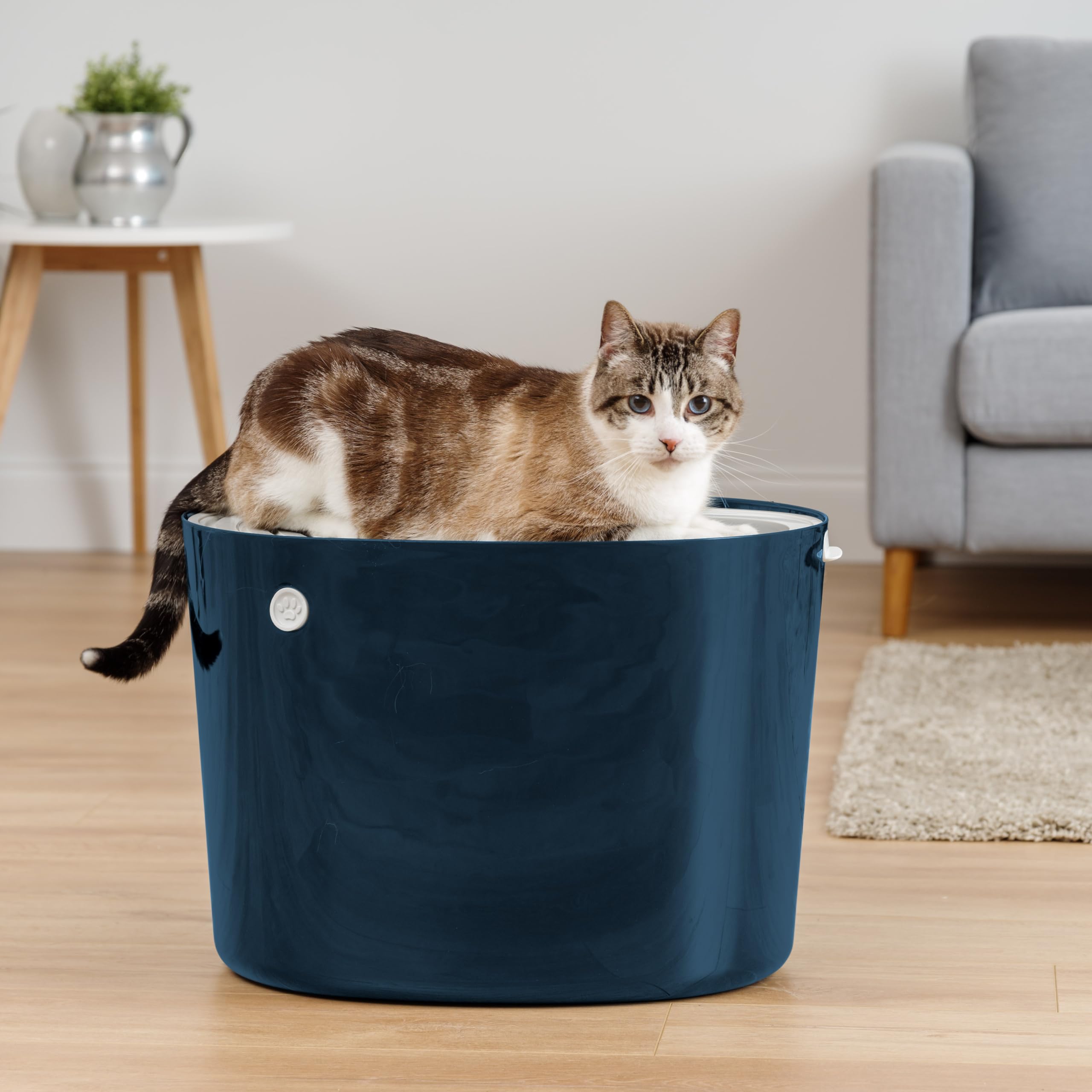 IRIS USA Top Entry Cat Litter Box - Stylish Navy/White Plastic Enclosure with Scoop, Model 553321