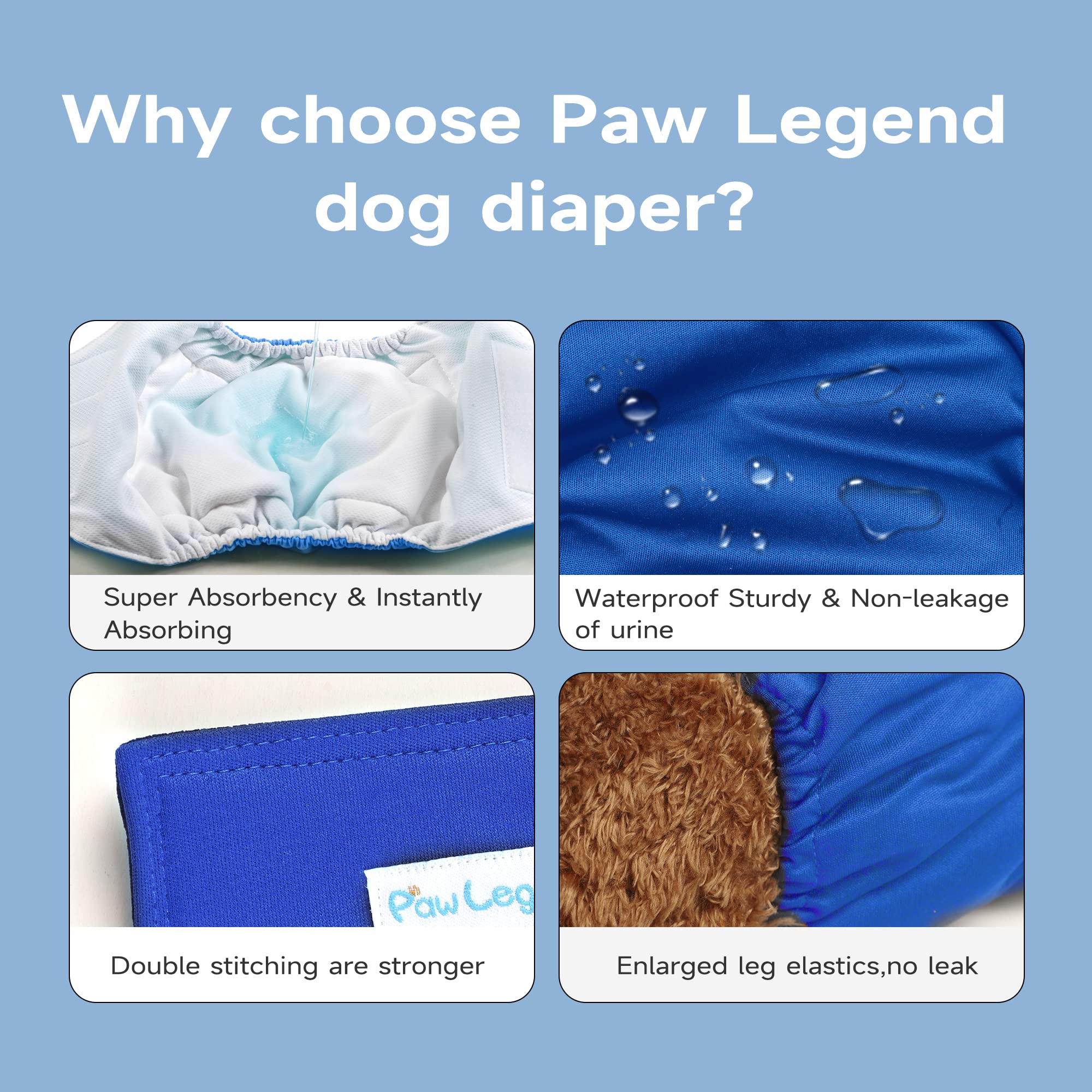 Paw Legend Washable Dog Belly Band Wrap Diapers For Male Dog | High Absorbing Puppy & Doggy Diapers Male (3 Pack,Blue,Aqua,Black,Large)