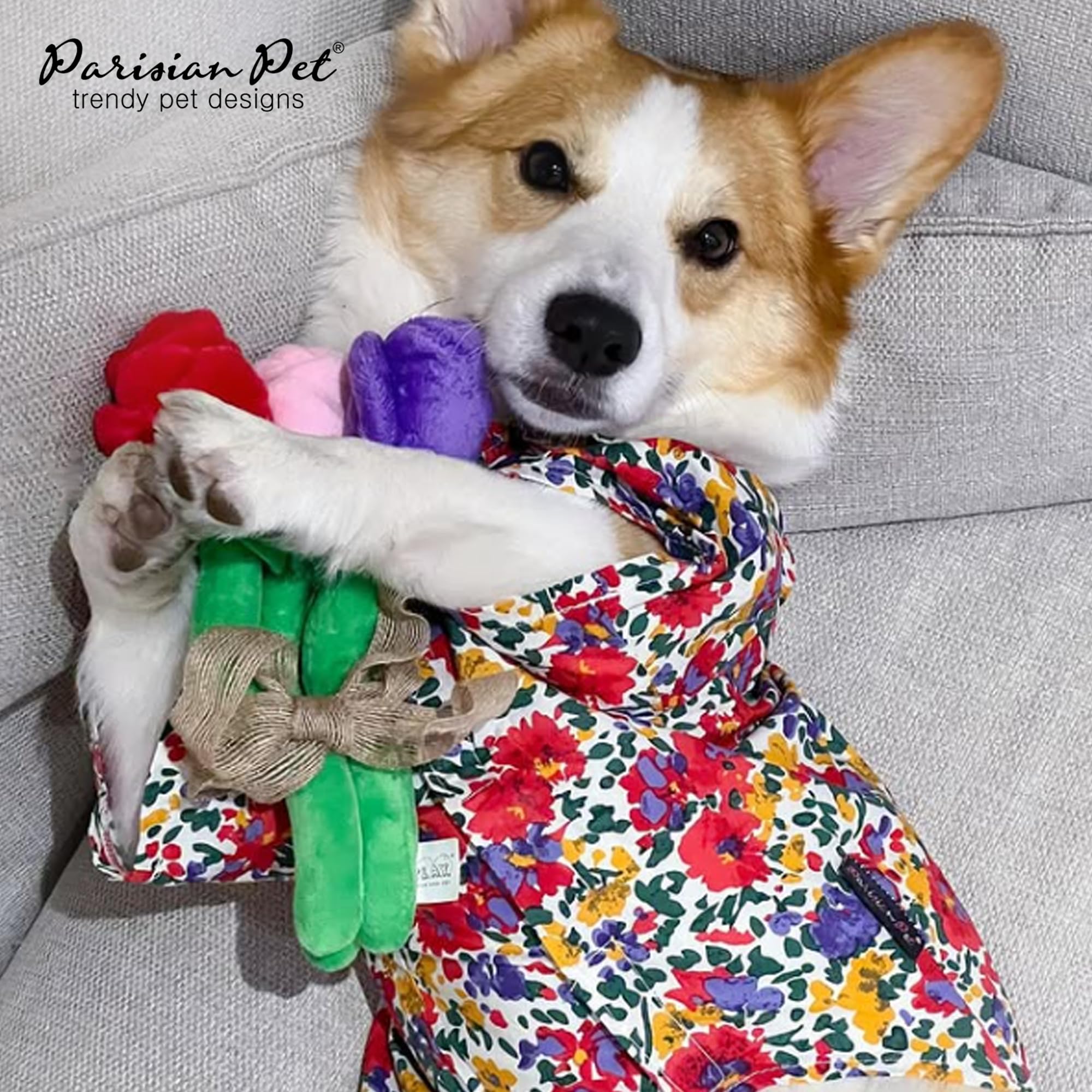 Parisian Pet Floral Printed Summer Dress - 100% Cotton Breathable Ruched Waist Dog Clothes - Beach Outfit - Cat Apparel - Dresse