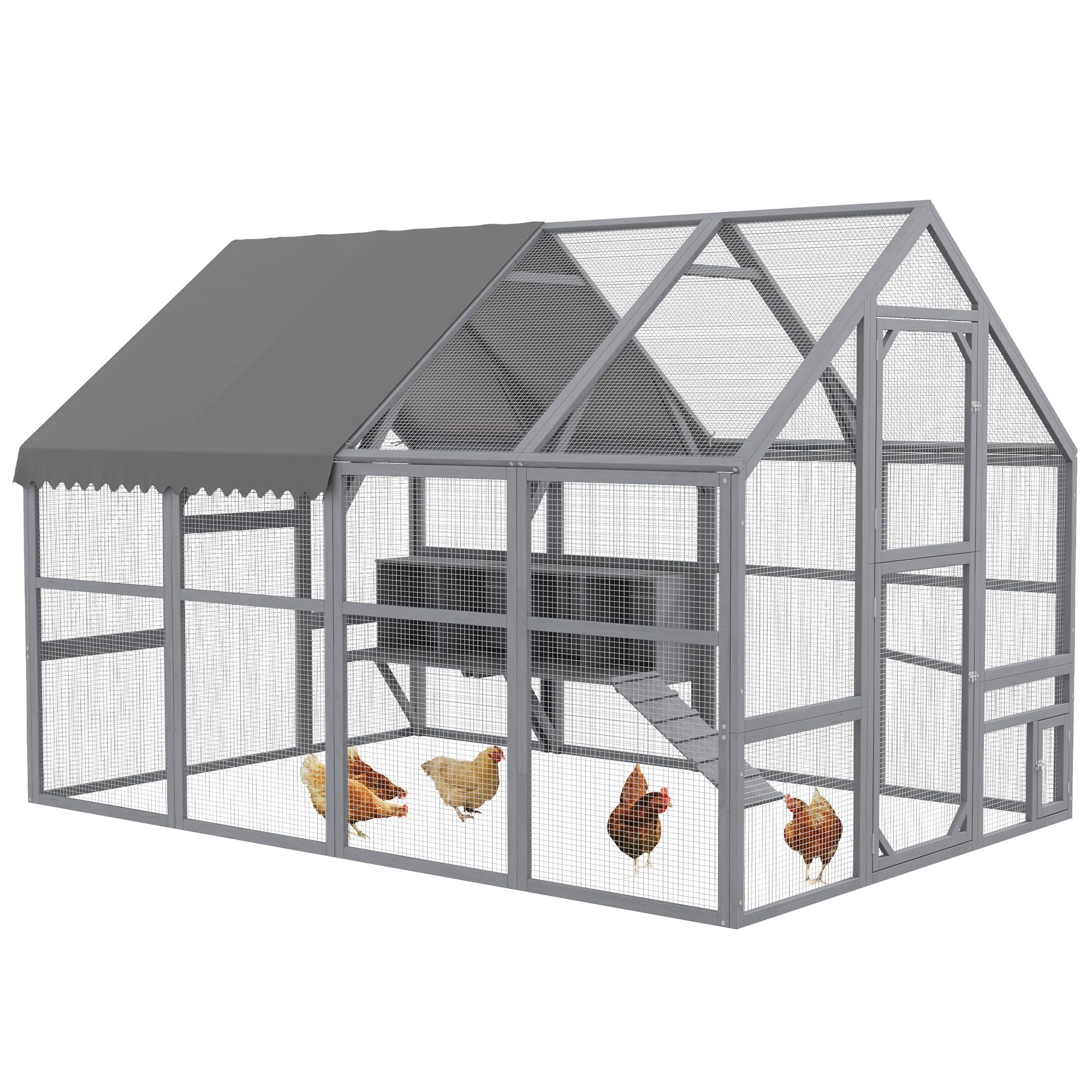 PawHut Large Chicken Run, Wooden Chicken Coop with Waterproof & Anti-UV Cover, Split Door, 4 Nesting Boxes, Roosting Bar, Walk-i